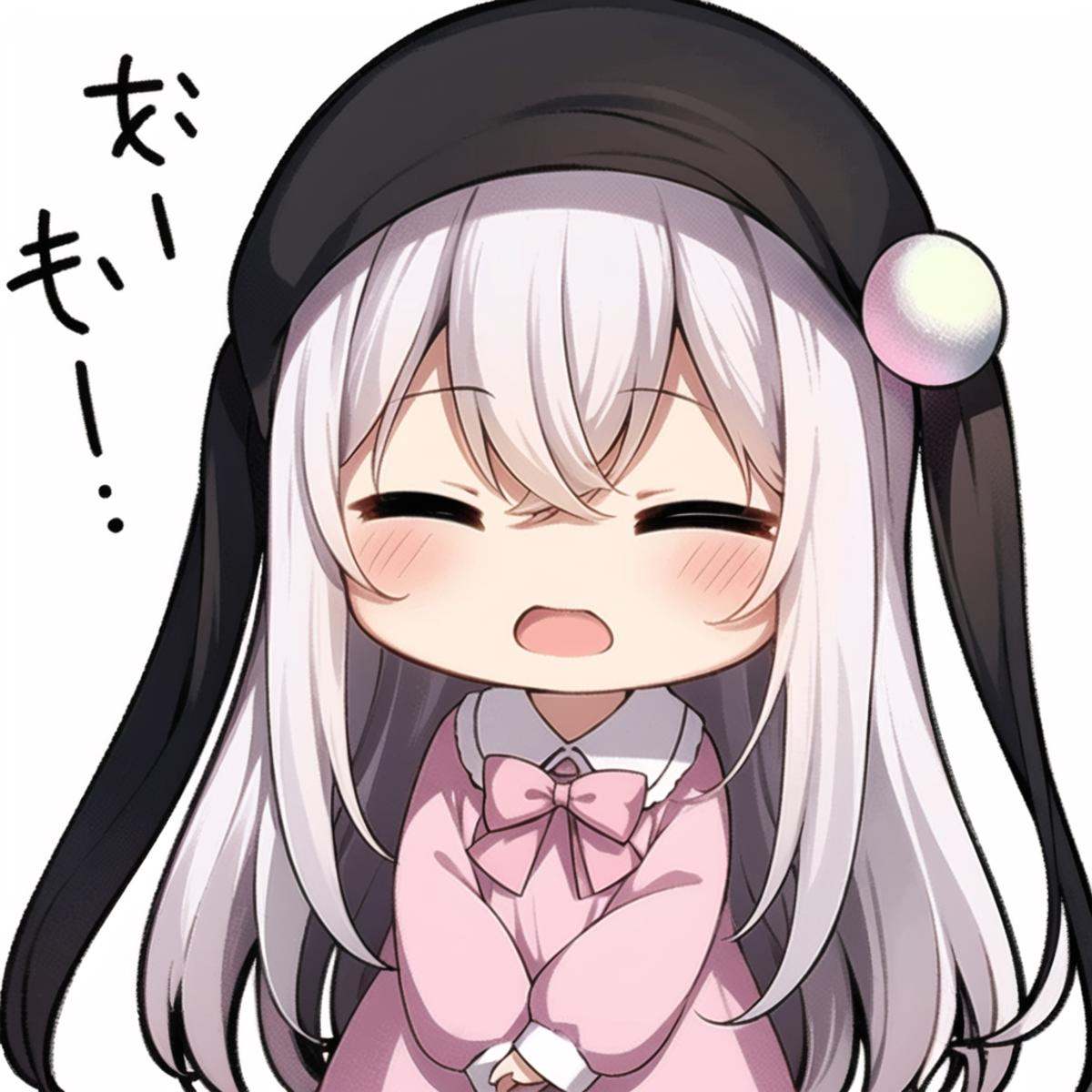 1girl, solo, long hair, closed eyes, dress, rabbit hair ornament, bow, bangs, hair ornament, pink dress, white background, hair between eyes, very long hair, long sleeves, pink bow, hair bow, chibi, facing viewer, open mouth, simple background, white bow, white hair, collared dress, blush, sleeves past wrists, <lora:biaoqingbao:0.8>