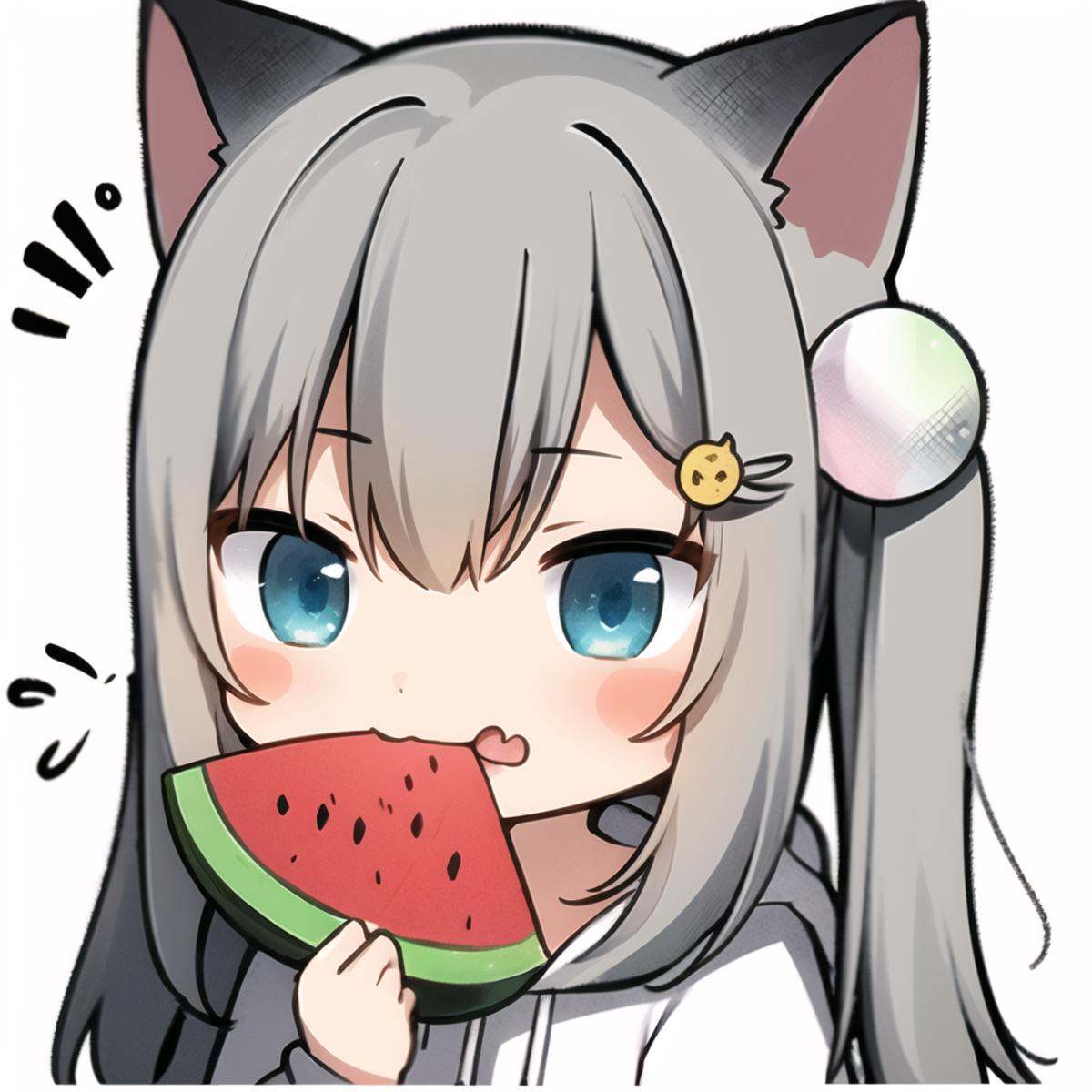 1girl, solo, animal ears, blush stickers, food, hood, holding, hair ornament, blue eyes, cropped torso, grey hair, fruit, tongue out, cat ears, holding food, white background, simple background, twintails, bangs, hood down, upper body, tongue, long hair, long sleeves, watermelon, puffy long sleeves, white hoodie, :q, hoodie, looking at viewer, collarbone, closed mouth, chibi, hairclip, hair between eyes, puffy sleeves, <lora:biaoqingbao:0.8>