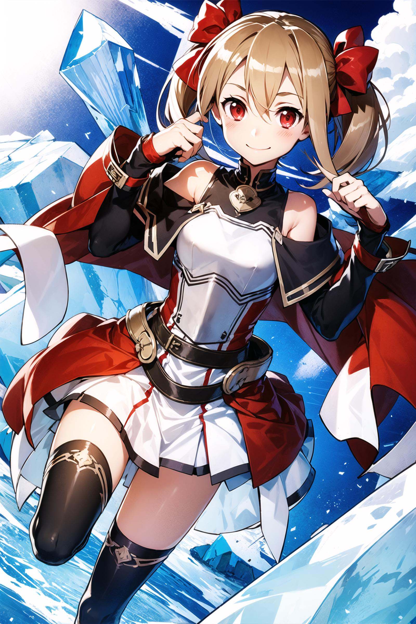 silica, 1girl, brown hair, medium hair,twintails, armor, red eyes, gloves, breastplate, short twintails, fingerless gloves, shoulder,  off shoulder, smile, ribbon, ice , hair ribbon, red ribbon, solo,<lora:abec:0.8>