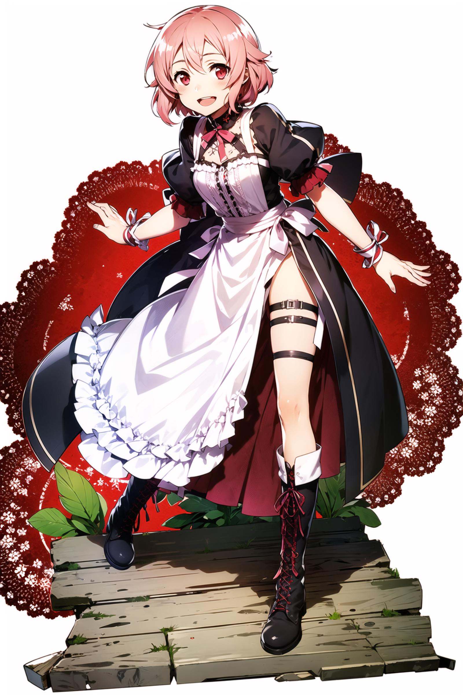 lisbeth (sao), 1girl, solo, white background, simple background, pink hair, boots, short hair, full body,white apron, open mouth,  smile, red eyes, cross-laced footwear, ribbon, looking at viewer, hair ornament, knee boots, :d, standing, lace-up boots, thigh strap,<lora:abec:0.8>