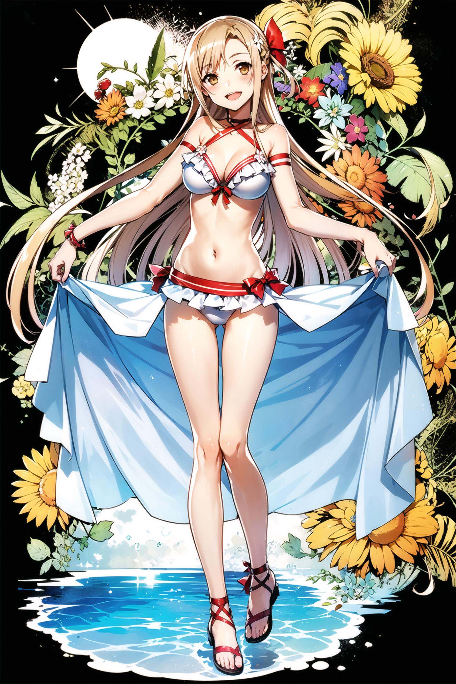 asuna (sao), 1girl, swimsuit, bikini, breasts, long hair, solo, navel, cleavage, smile, white background, brown hair, open mouth, full body, brown eyes, sarong, ;d, white bikini, looking at viewer, frilled bikini, hair ornament, very long hair, frills, simple background, collarbone, flower, sandals, medium breasts, bow, hair flower, ribbon, ankle ribbon, blush, bare shoulders, standing, halterneck, braid, shiny, long legs, shiny skin, leg ribbon, large breasts, jewelry, red ribbon,<lora:abec:0.8>