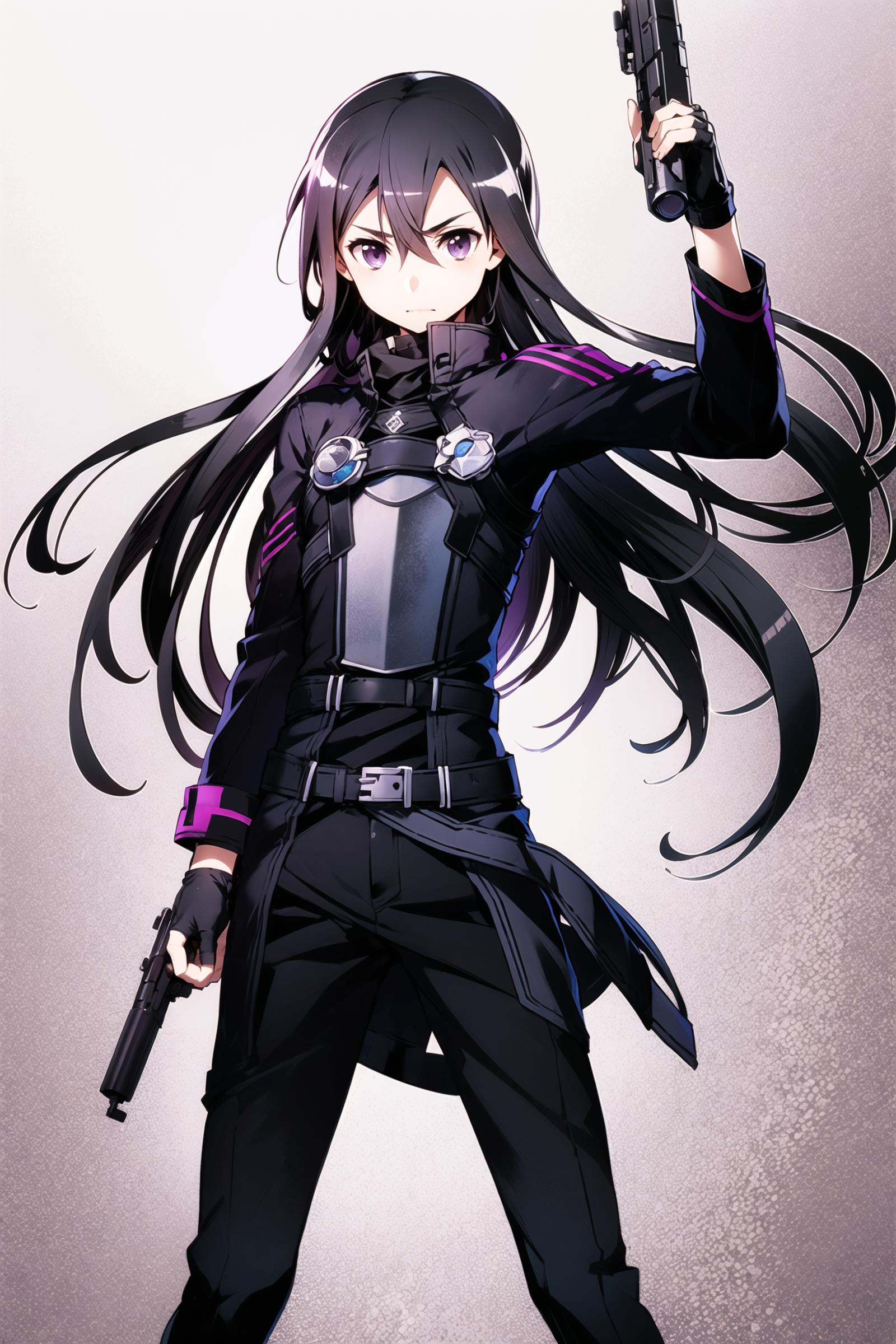 kirito, long hair, 1boy, solo,(black hair:1.5), breastplate, armor, fingerless gloves, male focus, gloves, otoko no ko, purple eyes,holding,holding gun ,handgun, androgynous,<lora:abec:0.8>