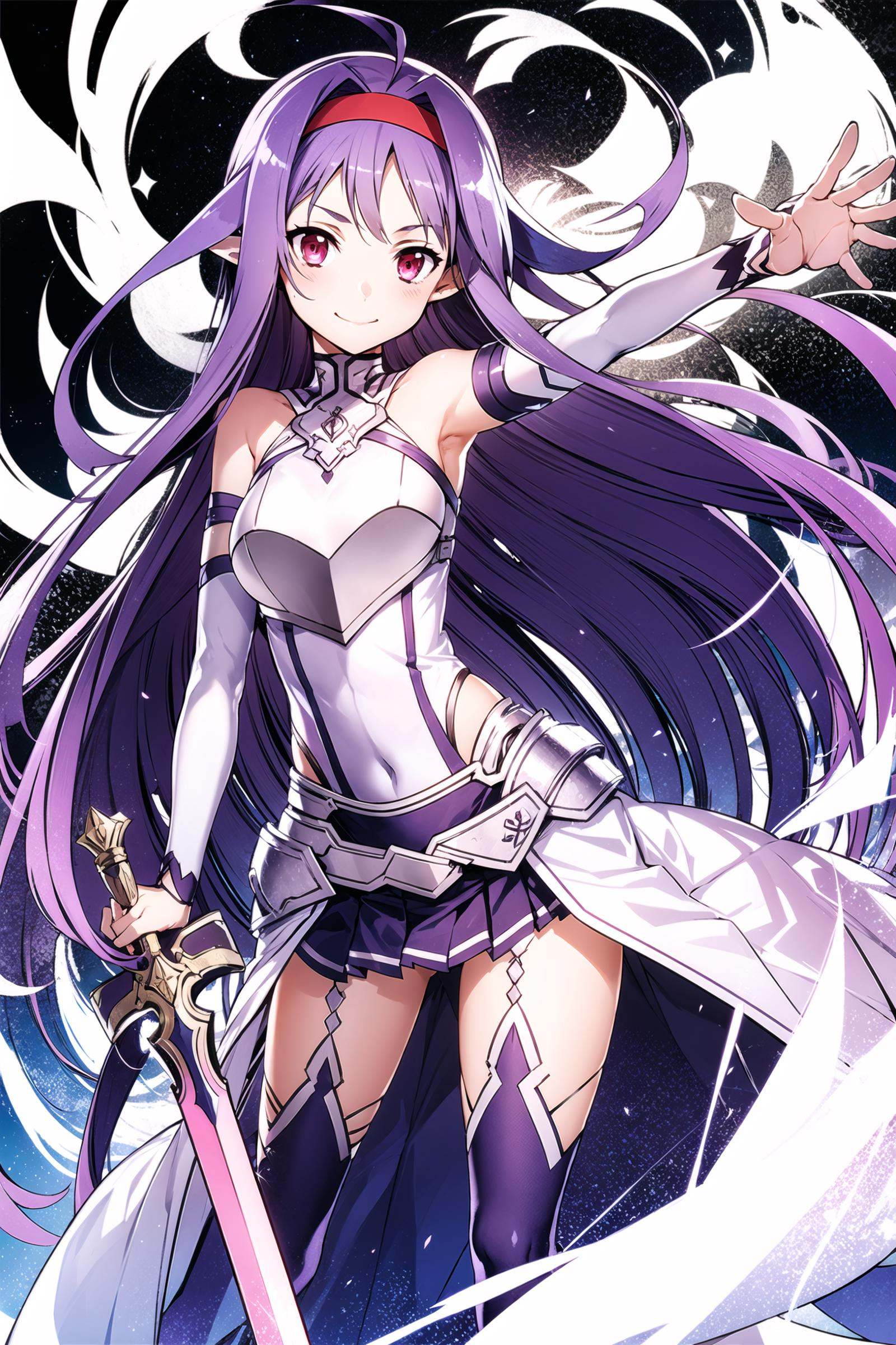 1girl, yuuki (sao), long hair, red eyes, ahoge, purple hair, white background, solo, smile, holding, gloves, detached sleeves, weapon, very long hair, hairband, breastplate, sword, simple background, leotard, armor, looking at viewer, pointy ears, skirt, fingerless gloves, red hairband, glowing, holding weapon, purple skirt, holding sword, long sleeves, purple sleeves, floating hair, glowing weapon, purple leotard, glowing sword, purple gloves, unsheathed, bare shoulders, long skirt, hair intakes, magic, standing, covered navel, bare hips, closed mouth, energy, headband, outstretched arm, highleg leotard,<lora:abec:0.8>