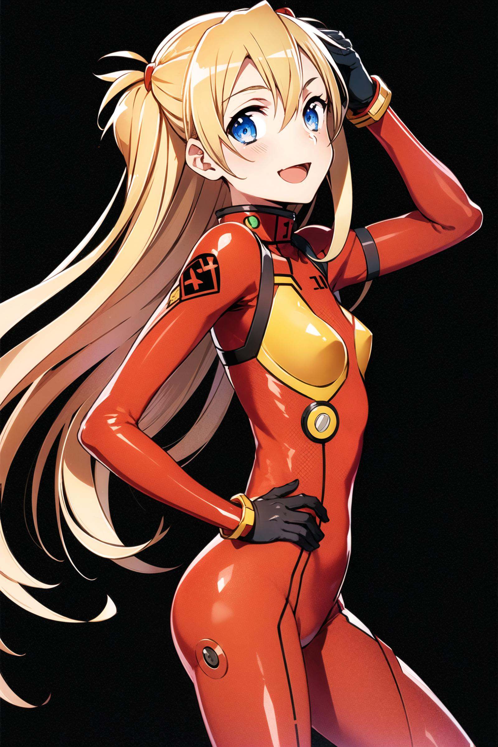 1girl, long hair, plugsuit, bodysuit, souryuu asuka langley, pilot suit, bracer, blue eyes, smile, open mouth, breasts, bangs, turtleneck, solo, cowboy shot, :d, hair between eyes, gloves, (red bodysuit:1.5), small breasts,looking at viewer, headgear, two side up, hand on hip, skinny, adjusting hair, narrow waist, standing, brown hair, science fiction,hand up, shiny clothes, hair ornament, happy, from side, shiny, skin tight, (simple background:1.5), (black background:1.5),<lora:abec:0.8>