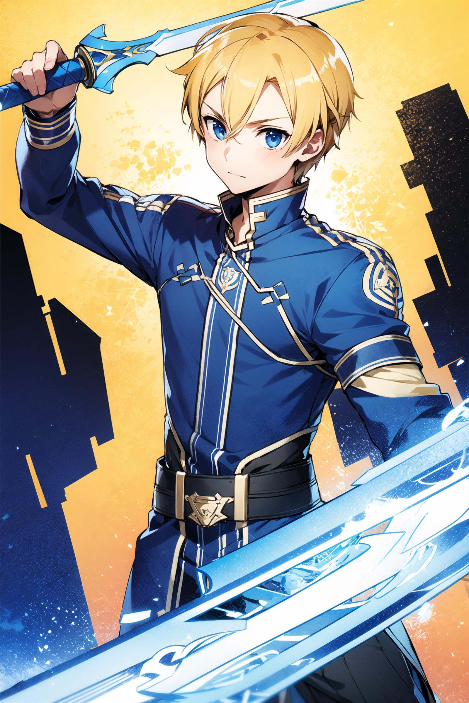 1boy, weapon, (blue sword:1.2), blonde hair, male focus, solo, blue eyes,blue clothes ,holding weapon,<lora:abec:0.8>