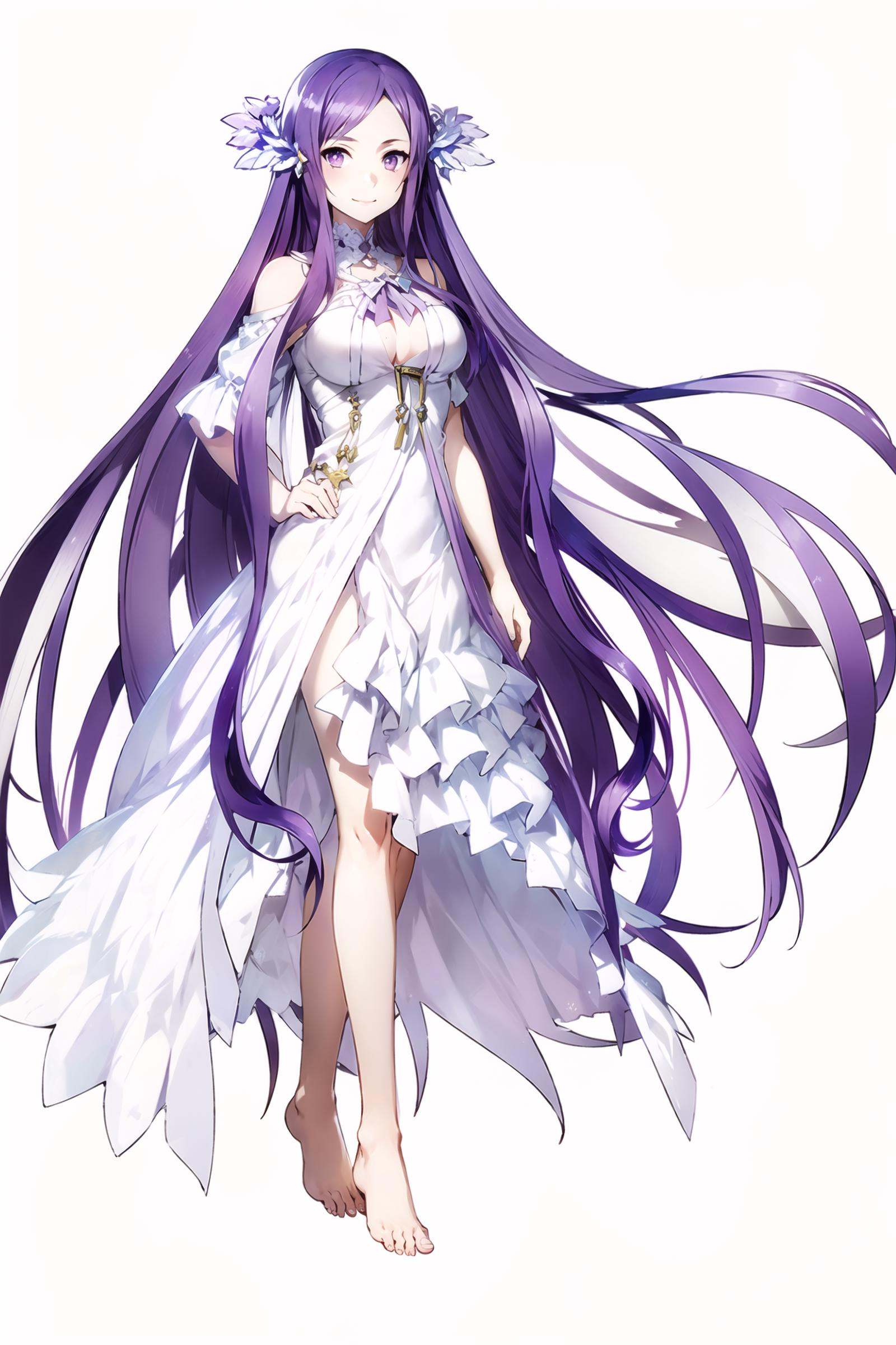 1girl, long hair, dress, solo, hand on hip, very long hair, purple hair, purple eyes, barefoot, white background, full body, (white dress:1.5), looking at viewer, breasts, smile, simple background, standing, floating hair, barefoot sandals, medium breasts, closed mouth, cleavage, long dress, parted bangs, bangs, shoulder cutout, bare shoulders, hair ornament, toes,<lora:abec:0.8>