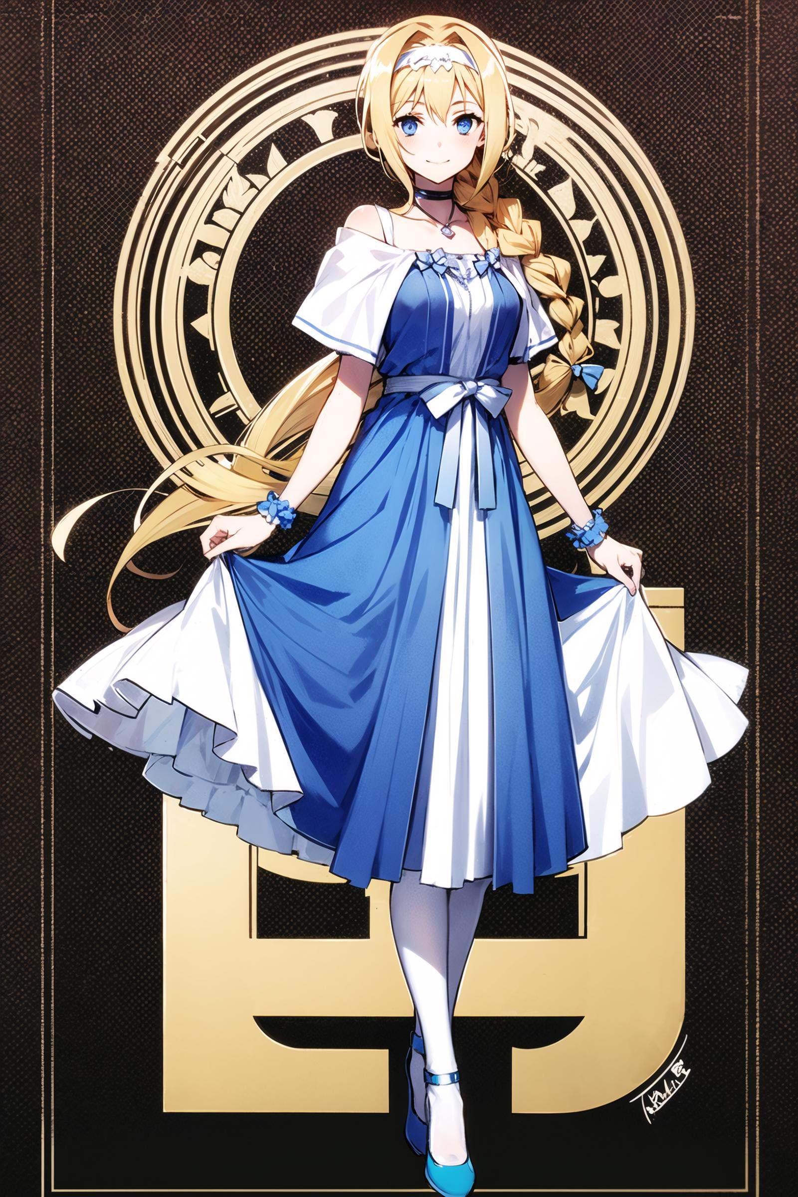 1girl, alice zuberg, solo, blonde hair, blue eyes, dress, long hair, blue dress, full body, jewelry, pantyhose, hairband, standing, blue footwear, smile, bow, looking at viewer, bracelet, braid, white hairband, braided ponytail, hair bow, white pantyhose, skirt hold, bangs, collarbone, long dress, watson cross, signature, crossed legs, capelet, pumps, short sleeves, closed mouth, necklace, polka dot background, shiny hair, white capelet, hair ornament, high heels, hair intakes, dated, sidelocks, polka dot, blue bow, single braid, very long hair, breasts,<lora:abec:0.8>