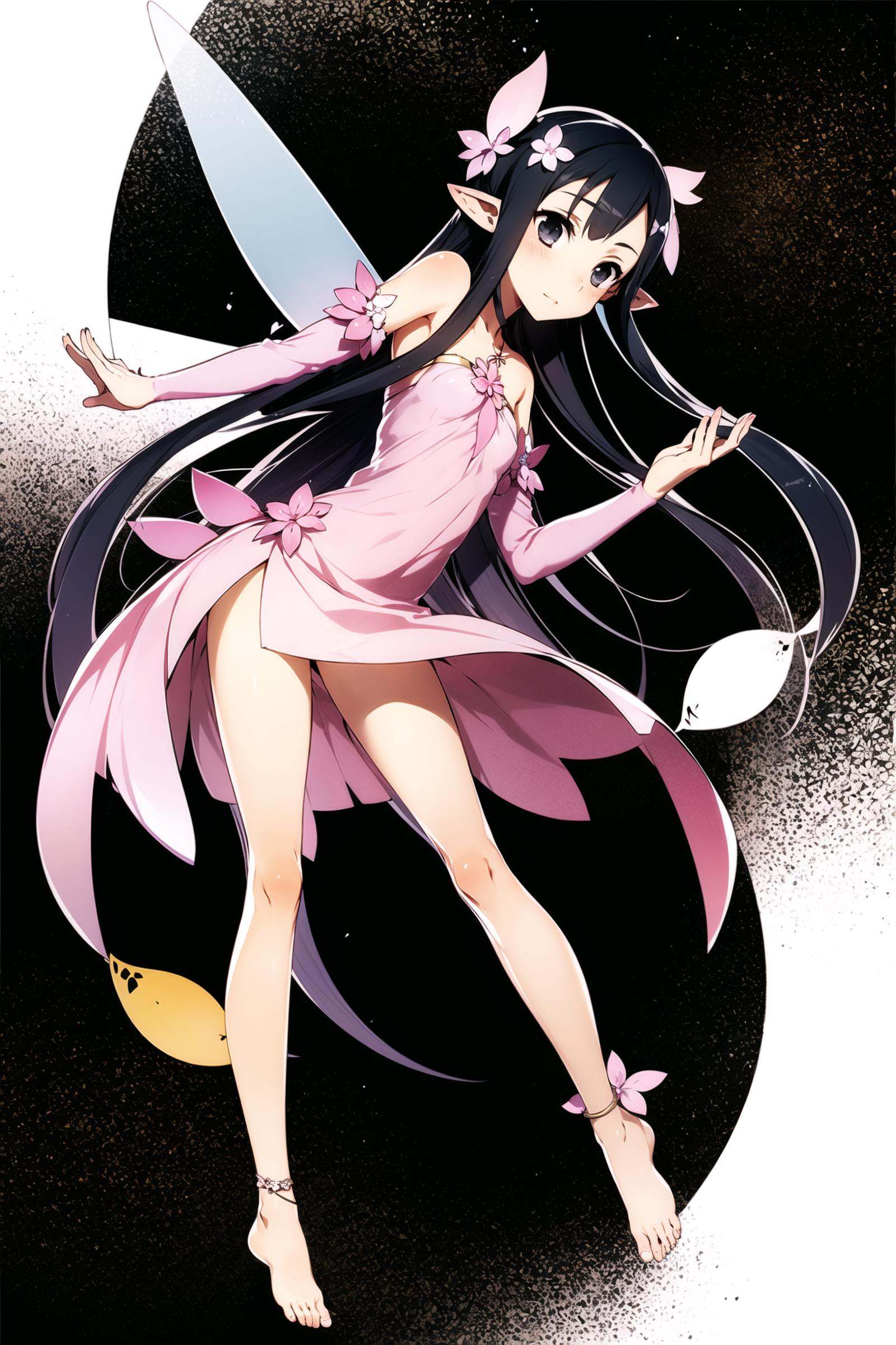 1girl, mini girl ,wings, long hair, barefoot, black hair, solo, fairy, pointy ears, (fairy wings:1.2), detached sleeves, hair ornament, pink dress, translucent dress, anklet, black eyes, hair flower, flower, bare shoulders, feet,<lora:abec:0.8>