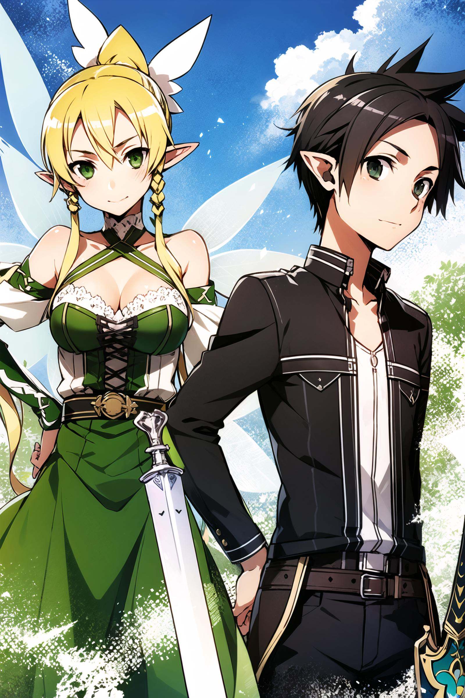 1girl, leafa, 1boy, black hair, weapon, blonde hair, pointy ears, sword, kirito, green eyes, long hair, wings, fantasy, breasts, black eyes, cleavage, fairy wings, ponytail, green wings, spiked hair, short hair, holding, holding sword, energy, holding weapon, unsheathed, fairy, elf, magic,<lora:abec:0.8>