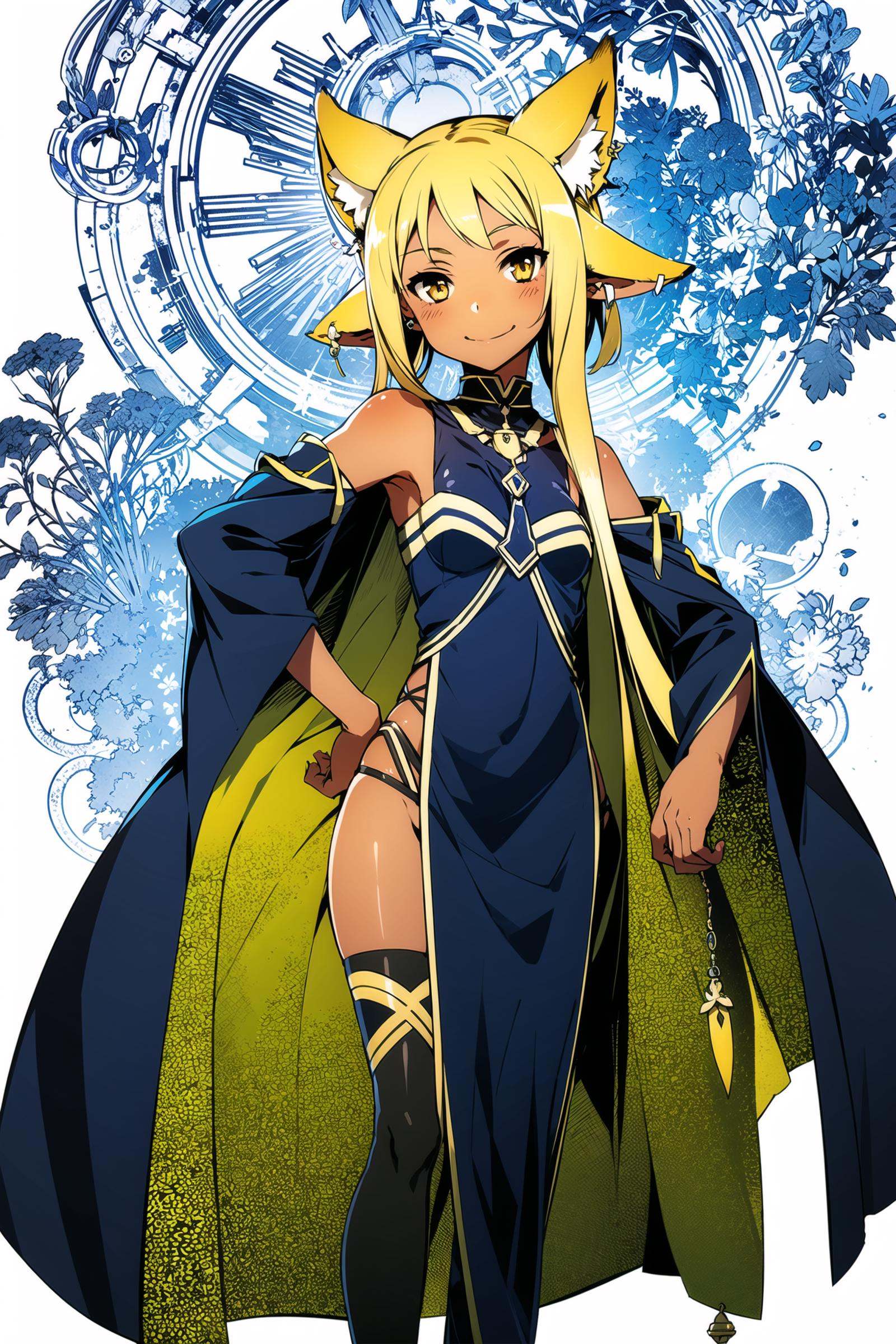 1girl, solo, animal ears, blonde hair, jewelry, earrings, hand on hip, white background, simple background, detached sleeves, pointy ears, cape, looking at viewer, bell, dark skin, thighhighs, standing, smile, dark-skinned female, collar,<lora:abec:0.8>