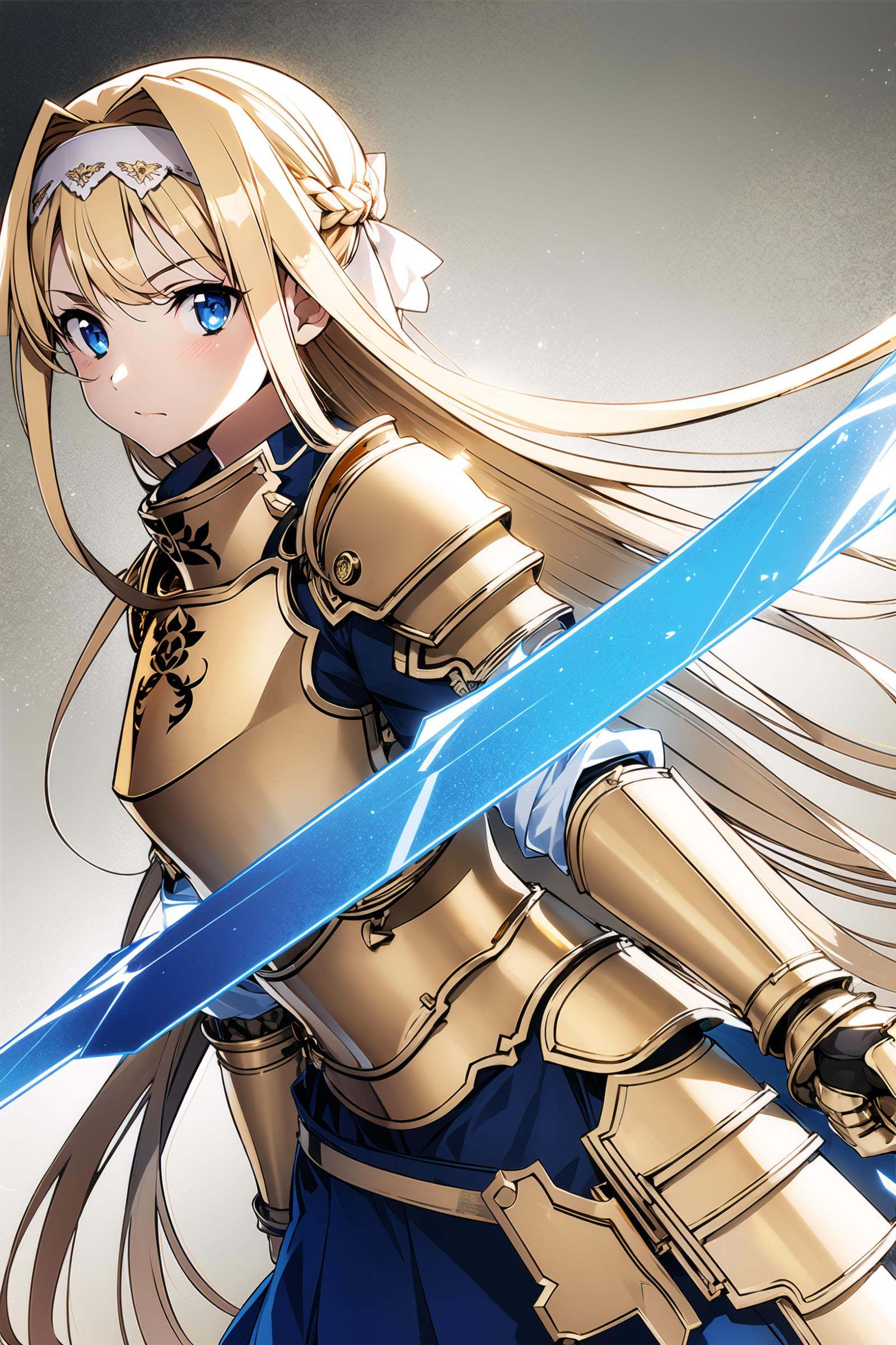 1girl, armor, long hair, alice zuberg, solo, blonde hair, blue eyes, weapon, blue cape, knight, sword, hairband, shoulder armor, dutch angle, sheath, cape,(gold breastplate:1.5), looking at viewer, white hairband, very long hair, braid, sheathed, pauldrons,gold armored dress, fantasy, white bow,(gold body armor:1.5), standing, blue dress, bangs, bow, dress, faulds, gauntlets, floating hair, white ribbon, sidelocks, ribbon, closed mouth, hair bow,<lora:abec:0.8>