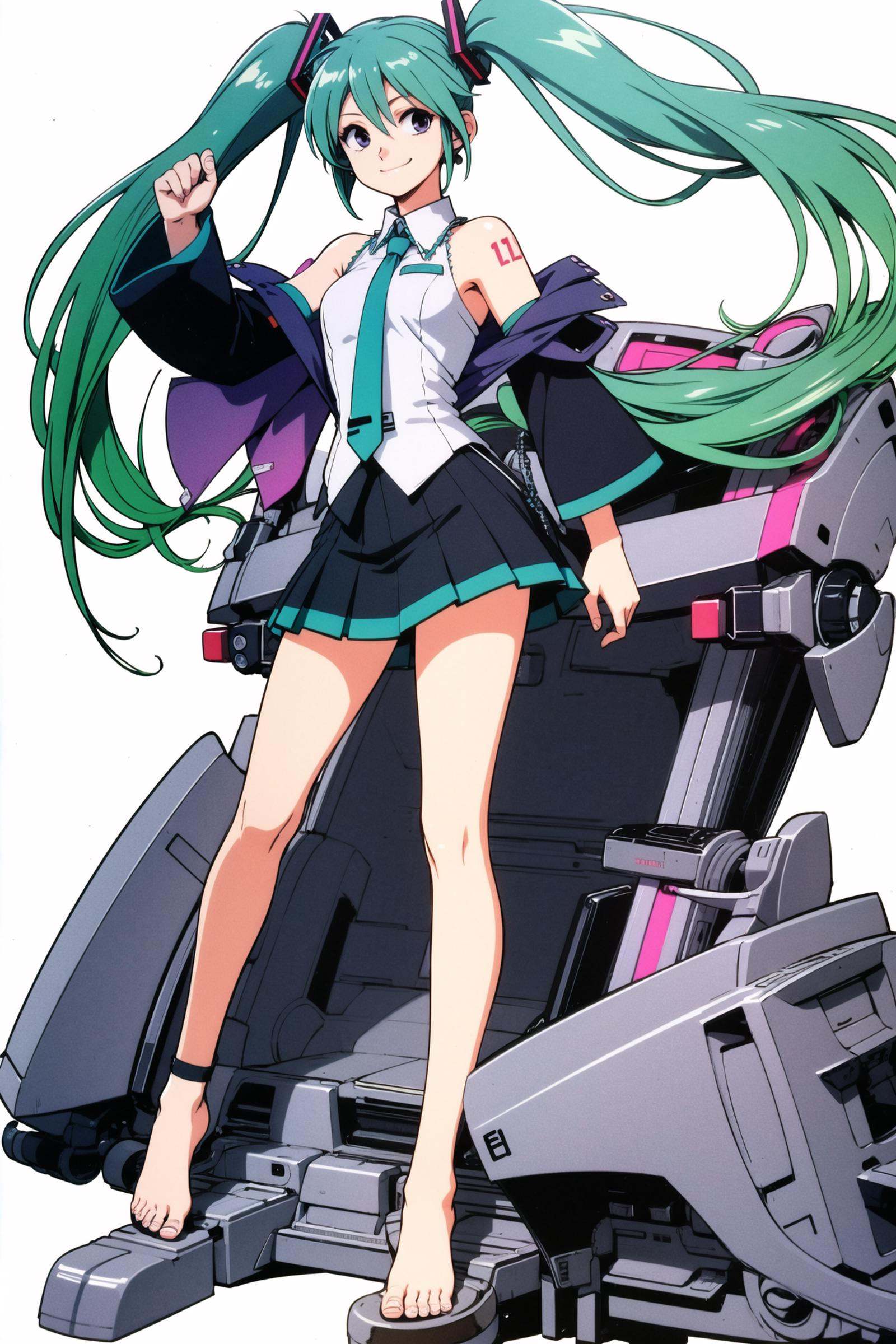 1girl, long hair, solo, hatsune miku, barefoot, twintails, very long hair, gradient hair, multicolored hair, skirt, toenails,  simple background, smile, standing on one leg, purple hair, white background, aqua hair, full body, bare shoulders, leg ribbon, standing, green hair, feet, ankle ribbon,<lora:Kenichi Sonoda:0.8>,