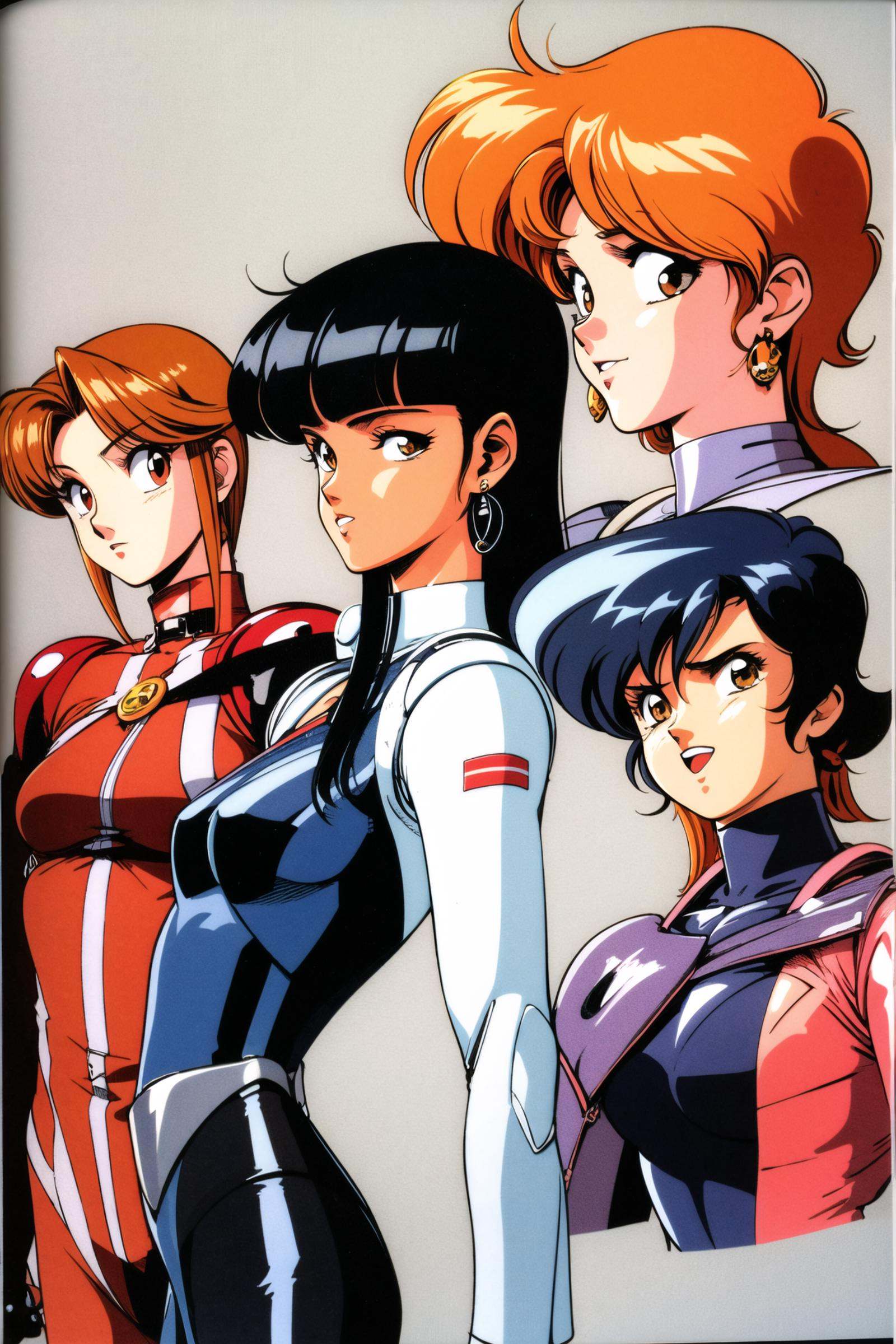 retro artstyle, 1980s (style), multiple girls, long hair, brown hair, jewelry, earrings, orange hair, bodysuit, boots, open mouth, gloves, black hair, 3girls, brown eyes, high heels, looking at viewer, 1boy, short hair,<lora:Kenichi Sonoda:0.8>