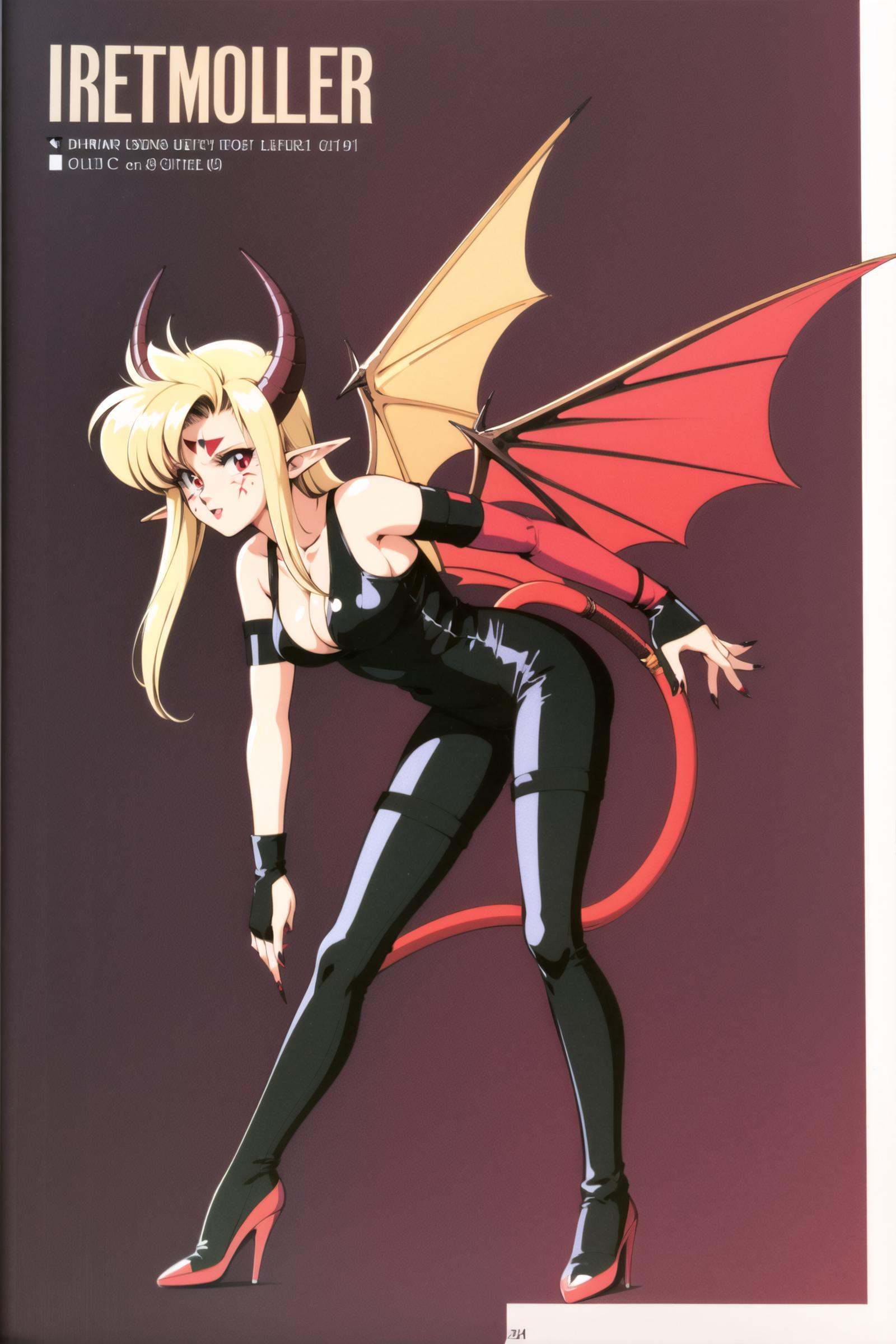 1girl, solo, tail, wings, demon girl, horns, pointy ears, thighhighs, long hair, red eyes, demon tail, breasts, bridal gauntlets, retro artstyle, demon wings, long fingernails, 1990s (style), blonde hair, leotard, fingernails, facial mark, full body, red leotard, medium breasts, cleavage, bat wings, nail polish, forehead mark,<lora:Kenichi Sonoda:0.8>
