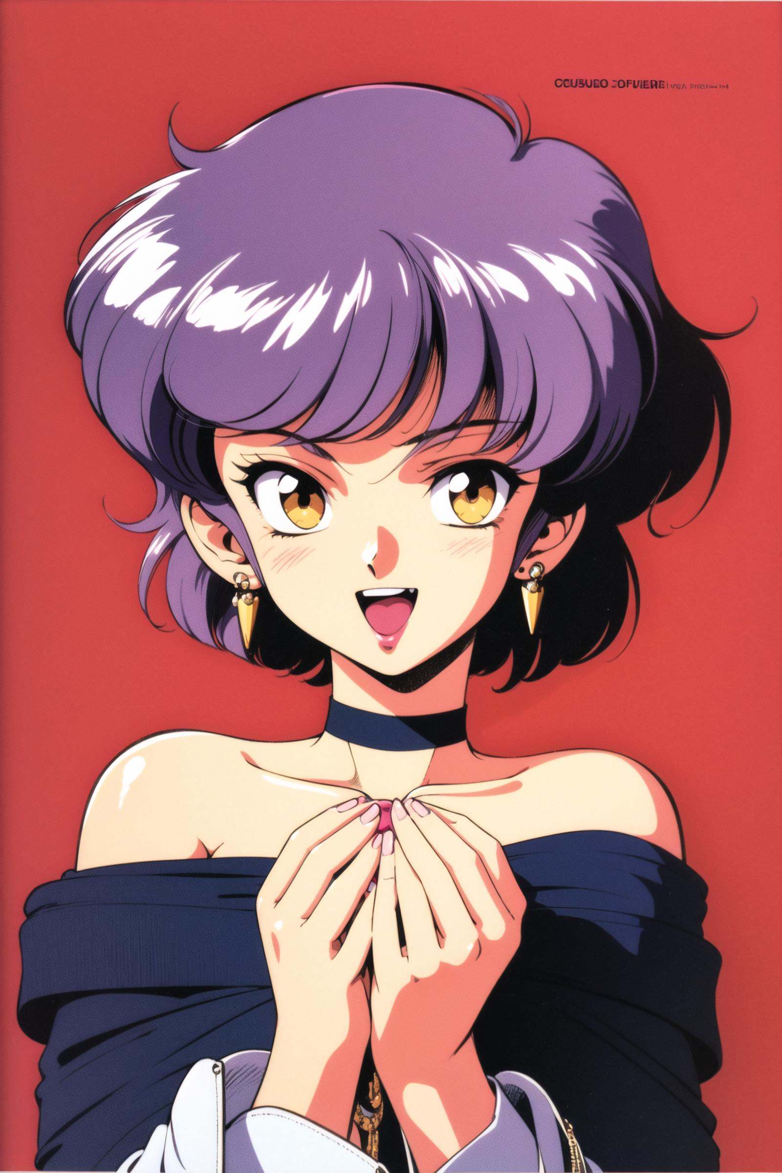 1girl, solo, jewelry, short hair, open mouth, earrings, choker, purple hair, upper body, bare shoulders, ribbon, orange eyes, necklace, hair ornament, long sleeves, retro artstyle, pink background, smile, looking at viewer, own hands together, yellow eyes,<lora:Kenichi Sonoda:0.8>