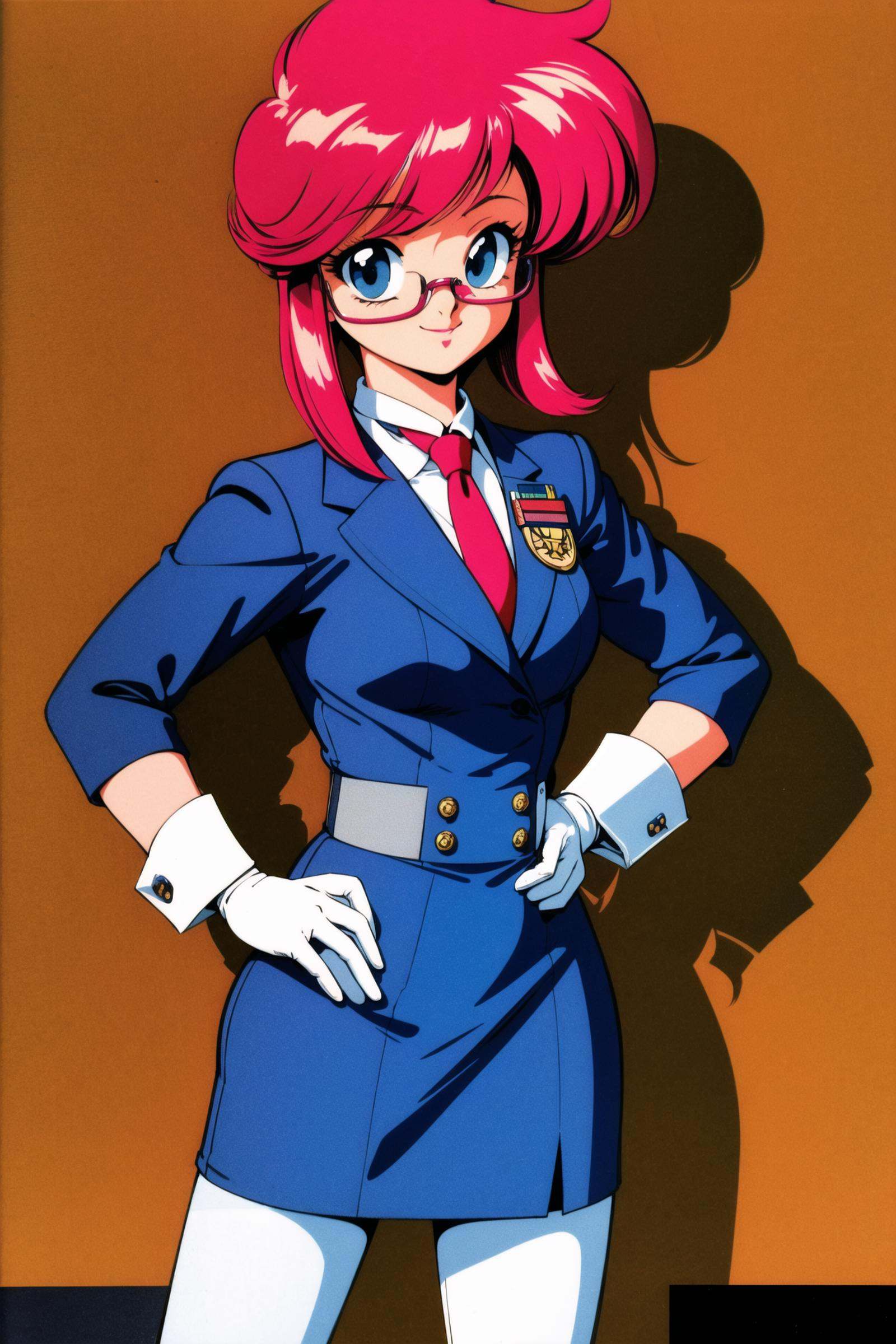 1girl, pantyhose, retro artstyle, skirt, gloves, hand on hip, pink hair, glasses, necktie, 1990s (style), holding, solo, zoom layer, blue eyes, cuffs, uniform, handcuffs, long sleeves, smile, white gloves, red hair, pencil skirt, looking at viewer,<lora:Kenichi Sonoda:0.8>