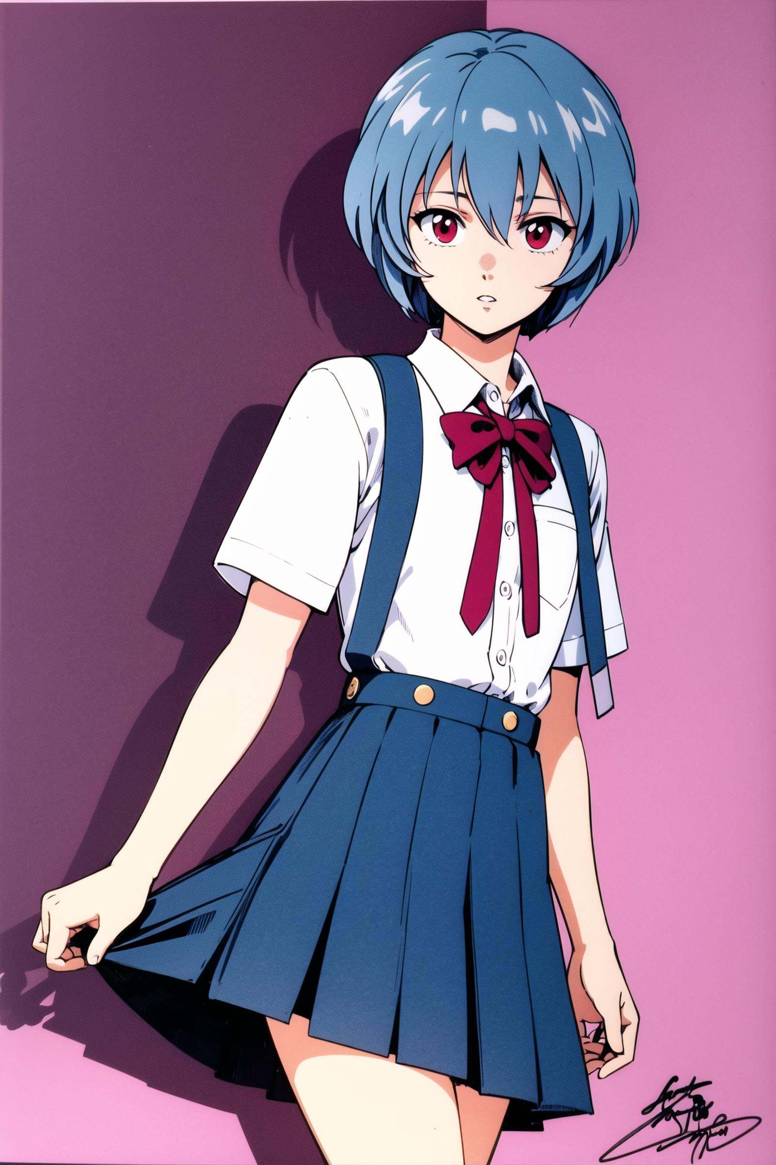 1girl, ayanami rei, solo, red eyes, short hair, school uniform, blue hair, tokyo-3 middle school uniform, signature, short sleeves, hair between eyes, suspender skirt, purple background, bangs, purple theme, shirt, cowboy shot, looking to the side, skirt, white shirt, looking at viewer, parted lips, suspenders,<lora:Kenichi Sonoda:0.8>,
