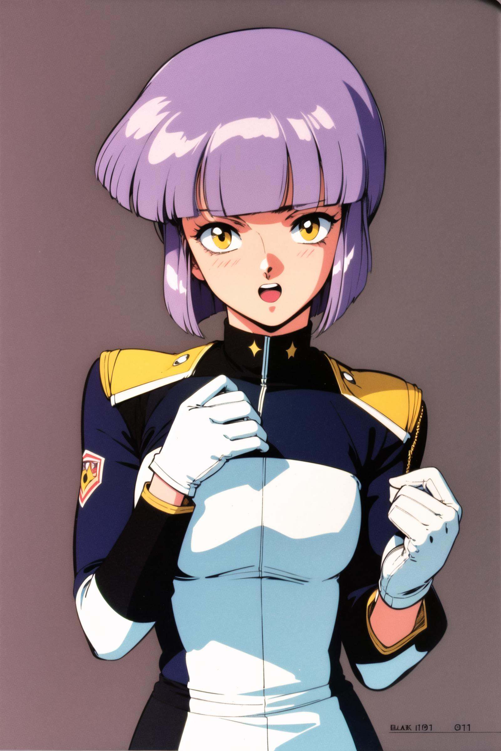 1girl, solo, gloves, retro artstyle, short hair, purple hair, yellow eyes, white gloves,(black uniform:1.5), bangs, upper body, hand on own chest, 1990s (style), open mouth, bob cut, blunt bangs, looking at viewer,<lora:Kenichi Sonoda:0.8>