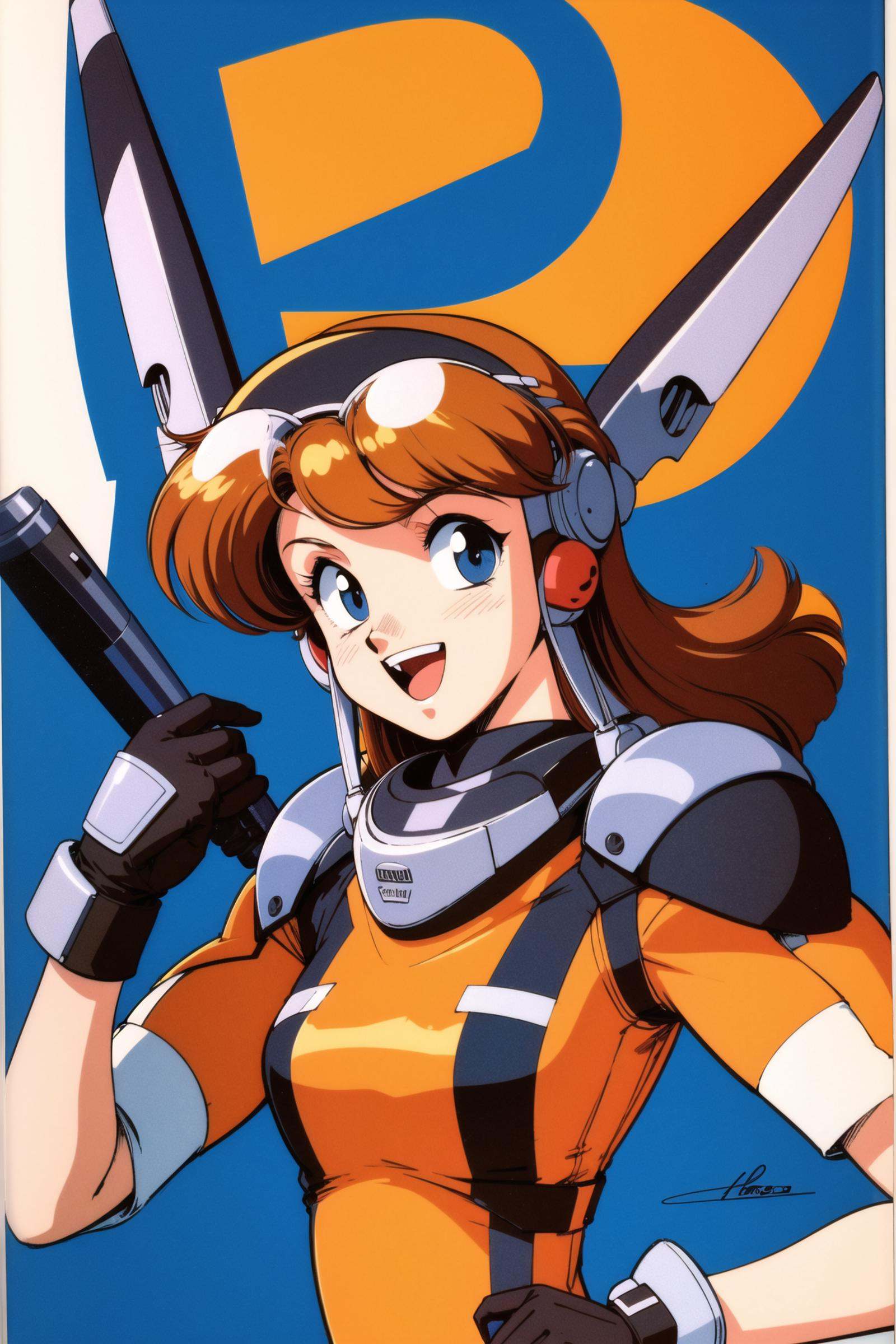 1girl, solo, blue eyes, retro artstyle, open mouth, white background, smile, v, long hair, upper body, headgear, black gloves, gloves, simple background, orange hair, goggles, looking at viewer, signature, 1990s (style), dated, bodysuit, brown hair,<lora:Kenichi Sonoda:0.8>