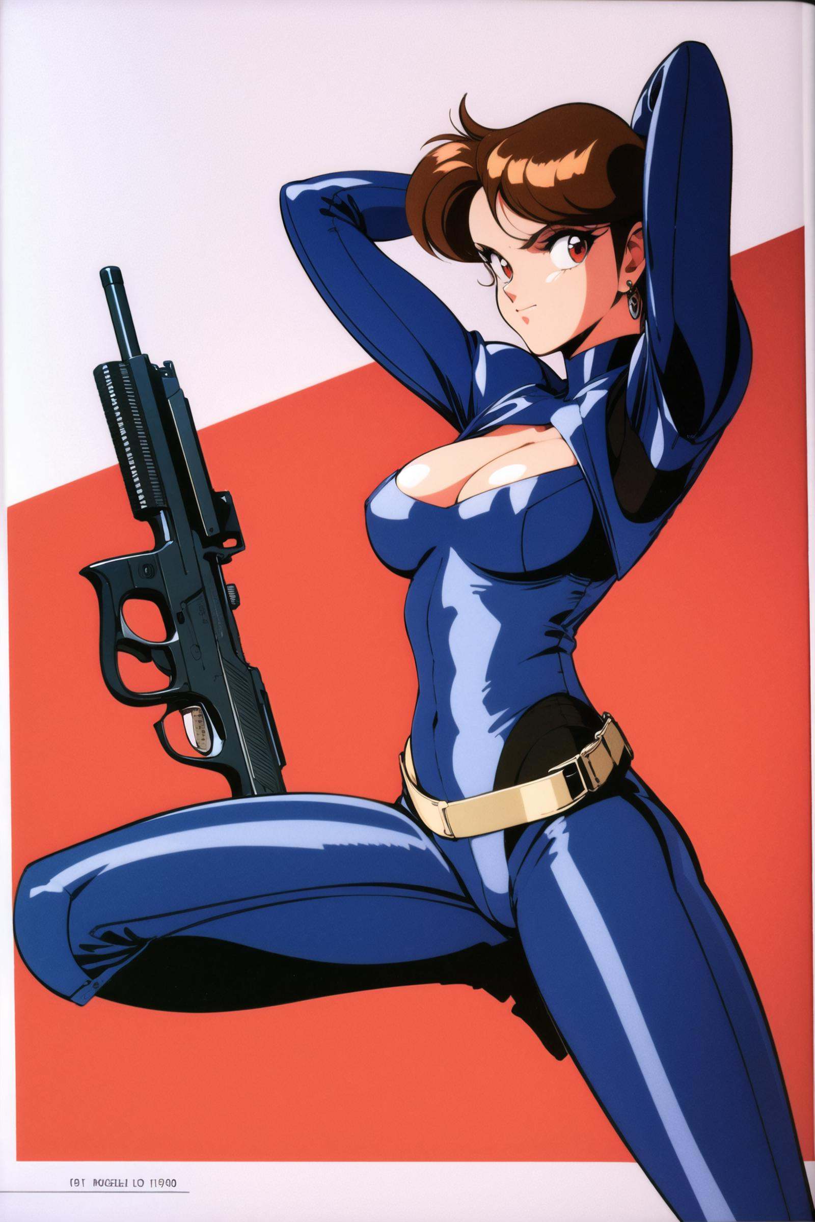 1girl, breasts, retro artstyle, brown hair, weapon, gun, handgun, knife, 1980s (style), cleavage, holding, earrings, jewelry, holster, large breasts, short hair, bodysuit, gloves, helmet, red eyes, arms up, revolver, solo, 1990s (style), brown eyes, holding weapon, looking at viewer, white background, bag,<lora:Kenichi Sonoda:0.8>
