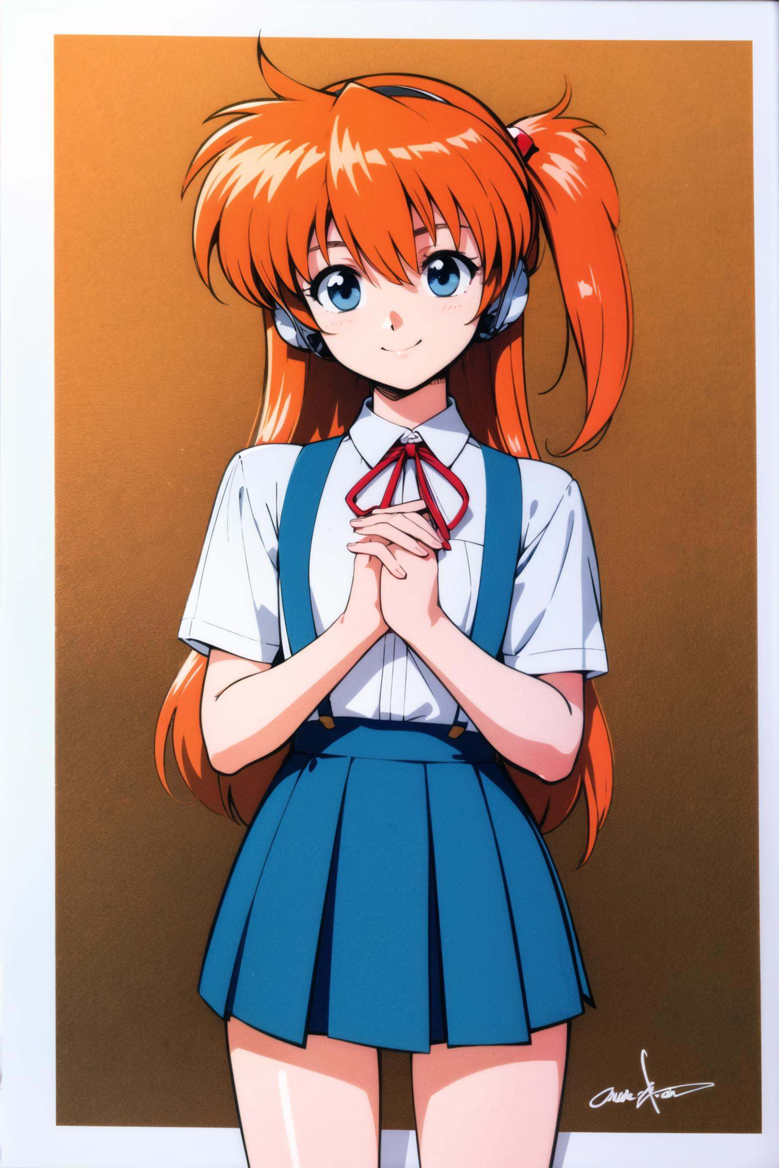 1girl, souryuu asuka langley, solo, long hair, school uniform, blue eyes, smile, white background, ribbon, shirt, simple background, own hands together, orange hair, short sleeves, skirt, red ribbon, neck ribbon, white shirt, bangs, hair between eyes, looking at viewer, tokyo-3 middle school uniform, signature, closed mouth, two side up, hair ornament, suspender skirt, interface headset, suspenders, traditional media, cowboy shot, interlocked fingers, blue skirt,<lora:Kenichi Sonoda:0.8>