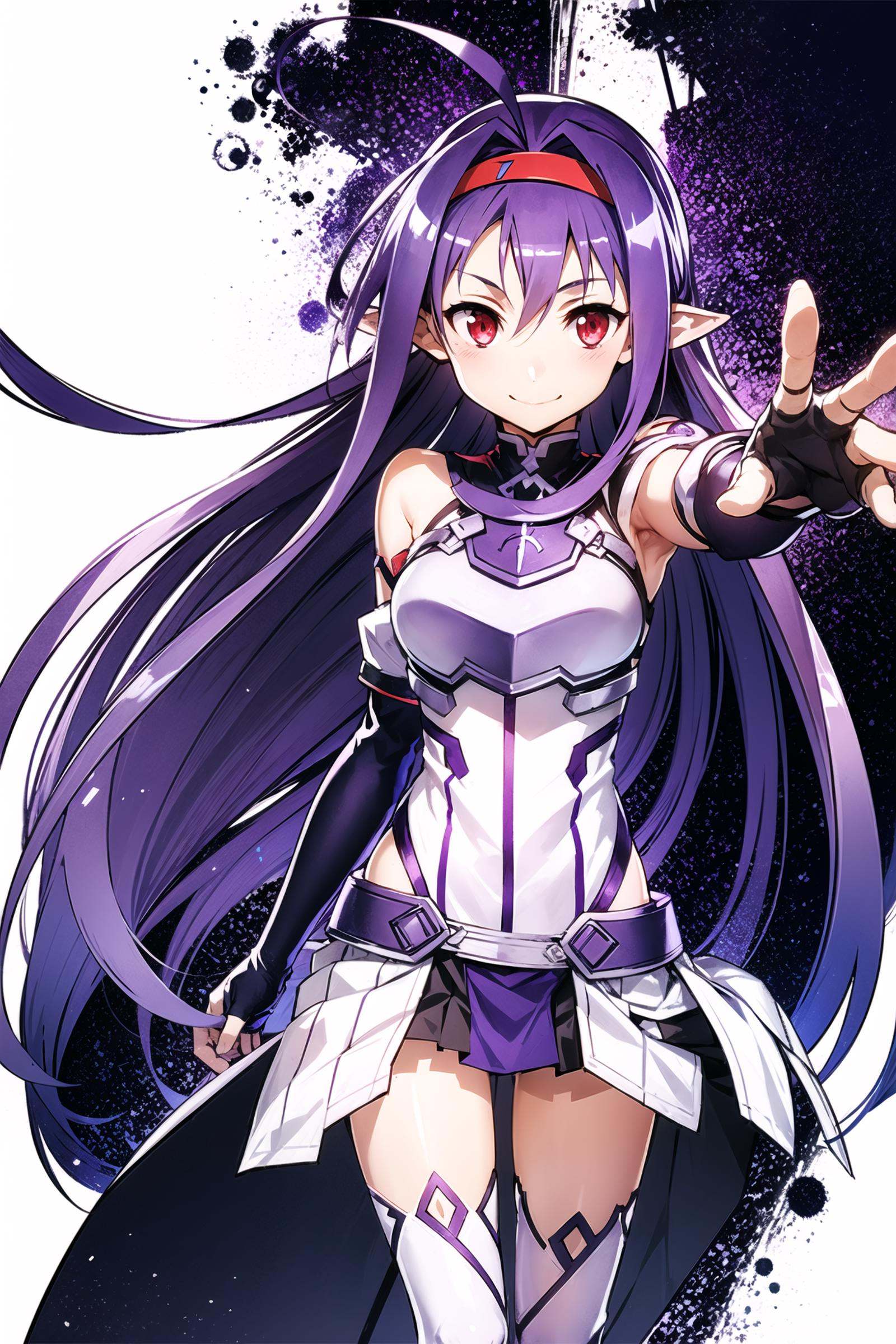 1girl, yuuki (sao), long hair, red eyes, ahoge, purple hair, white background, solo, smile, holding, gloves, detached sleeves, weapon, very long hair, hairband, breastplate, sword, simple background, leotard, armor, looking at viewer, pointy ears, skirt, fingerless gloves, red hairband, glowing, holding weapon, purple skirt, holding sword, long sleeves, purple sleeves, floating hair, glowing weapon, purple leotard, glowing sword, purple gloves, unsheathed, bare shoulders, long skirt, hair intakes, magic, standing, covered navel, bare hips, closed mouth, energy, headband, outstretched arm, highleg leotard,<lora:abec_v2:0.8>