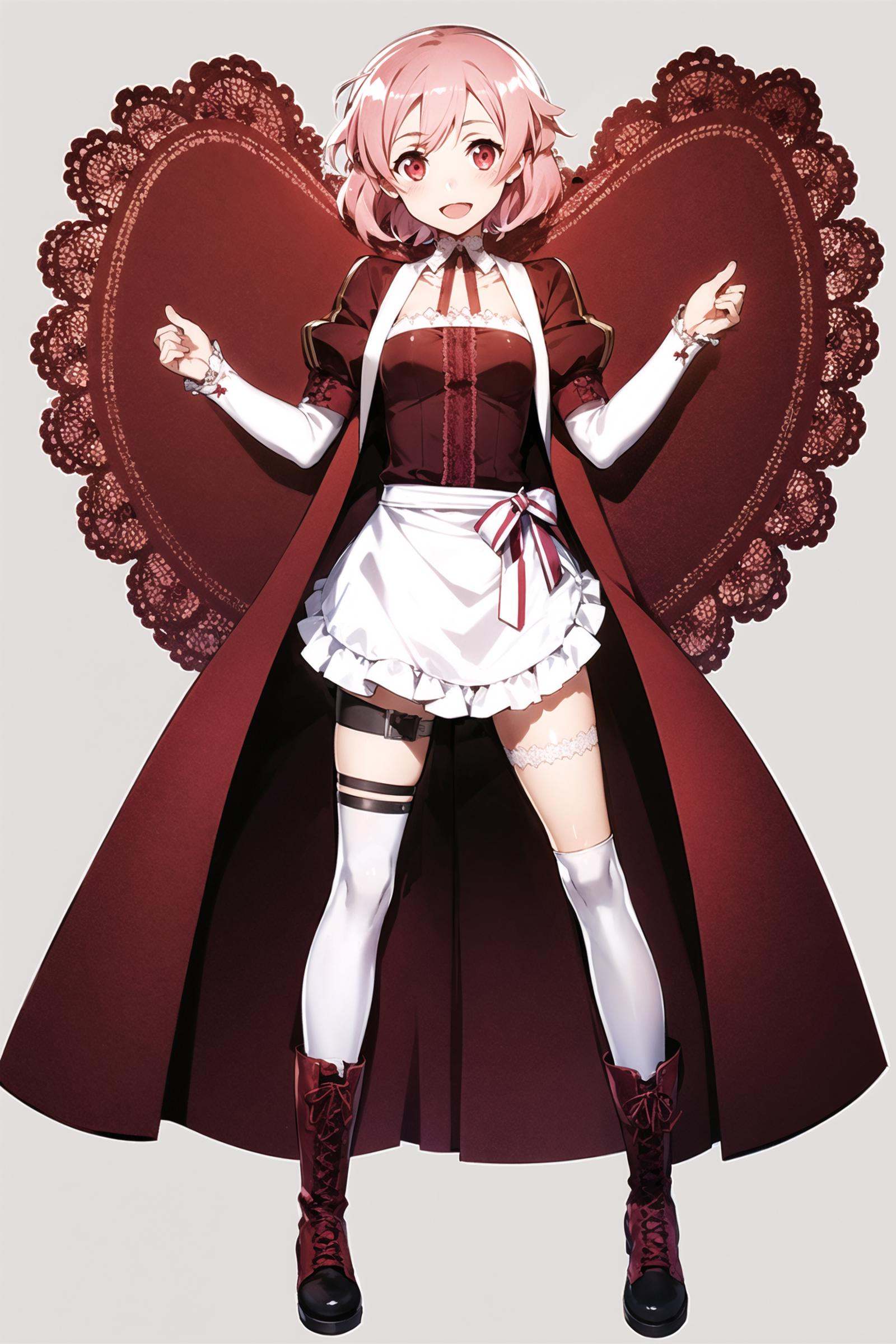 lisbeth (sao), 1girl, solo, white background, simple background, pink hair, boots, short hair, full body,white apron, open mouth,  smile, red eyes, cross-laced footwear, ribbon, looking at viewer, hair ornament, knee boots, :d, standing, lace-up boots, thigh strap,<lora:abec_v2:0.8>