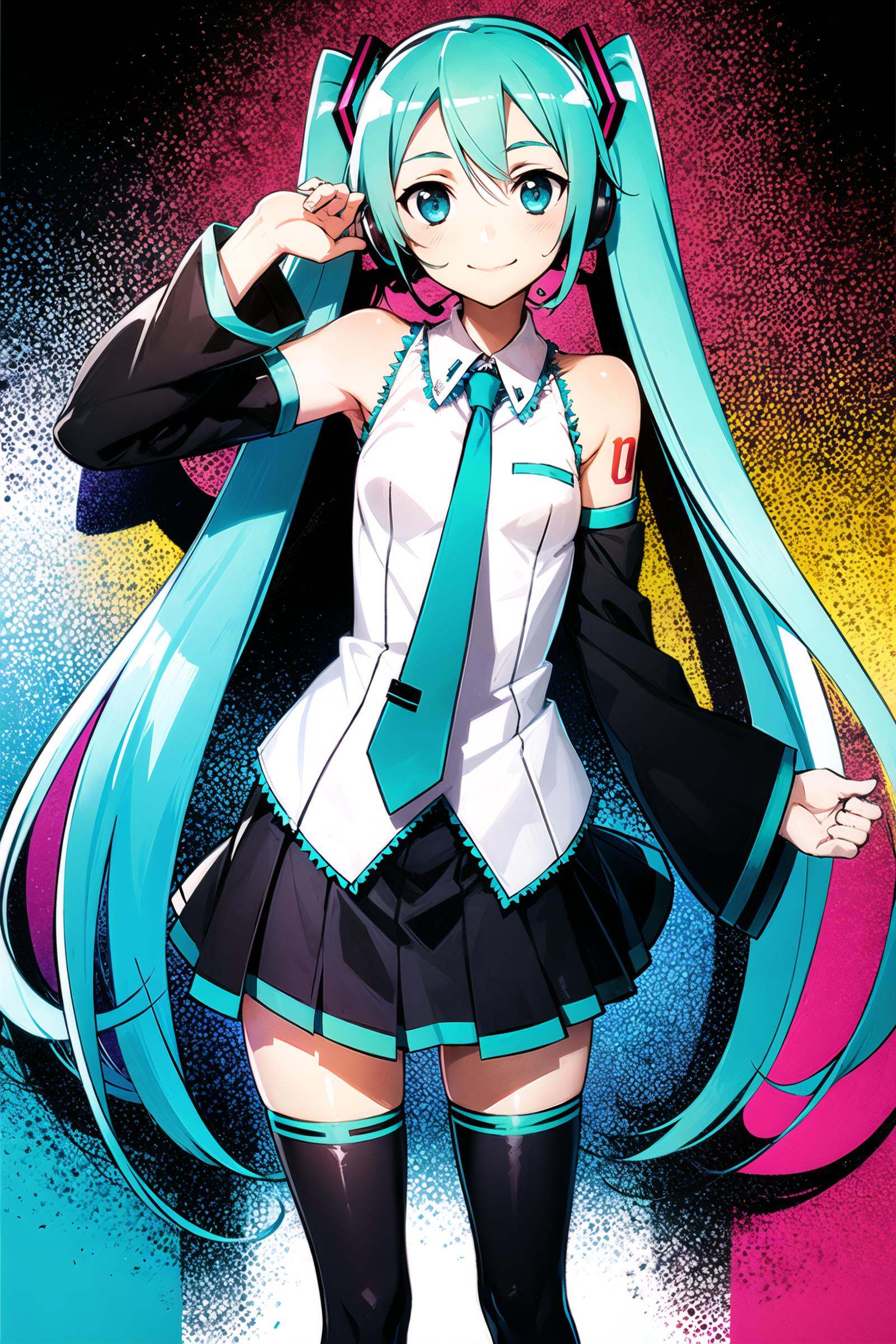 1girl, long hair, solo, hatsune miku, thighhighs, twintails, skirt, detached sleeves, very long hair, necktie, smile, aqua eyes, aqua hair, tattoo, shirt, black thighhighs, sleeveless, zettai ryouiki, black skirt, looking at viewer, headset, sleeveless shirt, hair ornament, pleated skirt, bare shoulders, aqua necktie, headphones, shoulder tattoo, white shirt, standing, black sleeves, miniskirt,<lora:abec_v2:0.8>