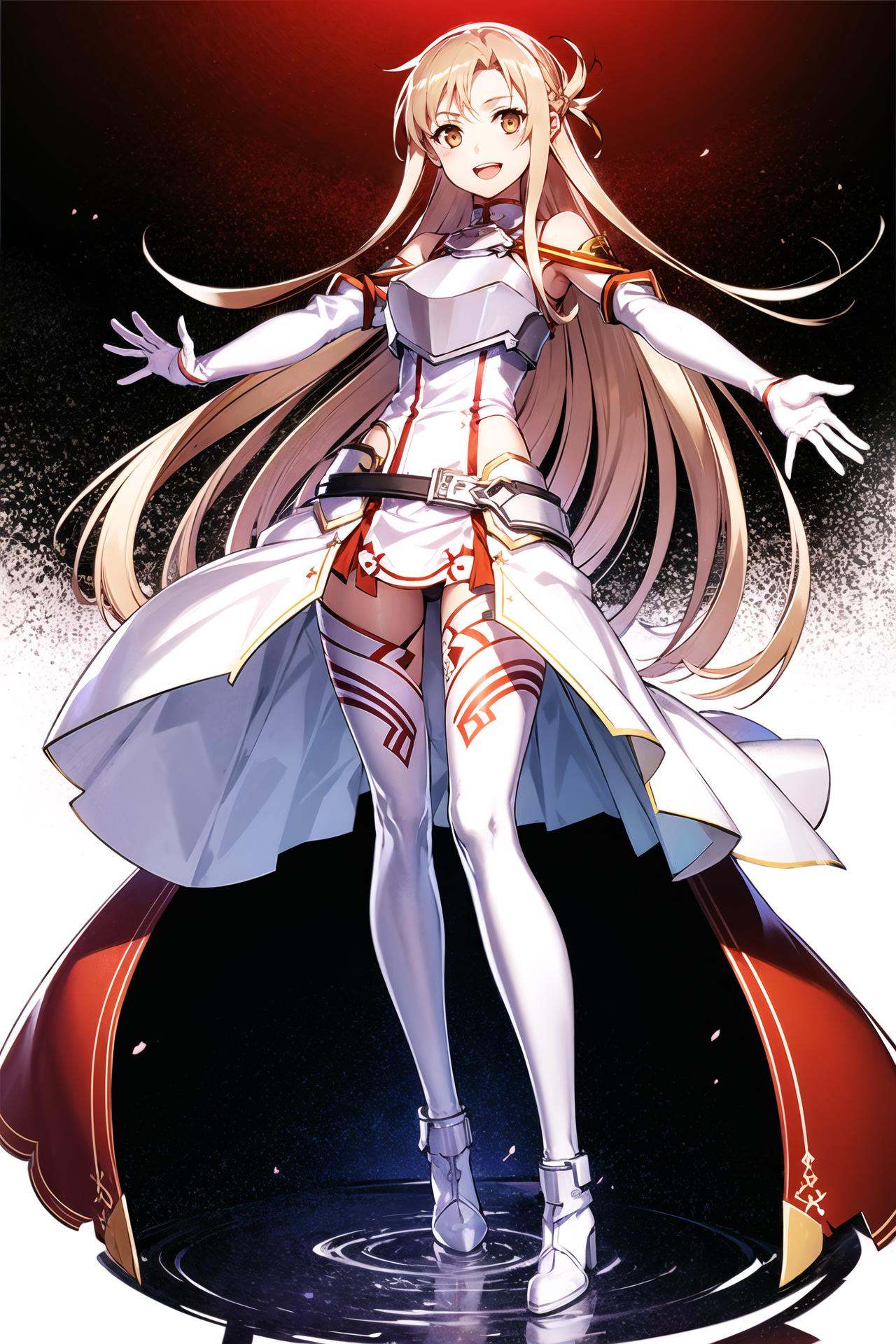1girl, long hair, weapon, solo, sword, full body, asuna (sao), dress, gloves, thighhighs, white gloves, open mouth, white thighhighs, white footwear, white background, white dress, armor, white armor, smile, brown eyes, simple background, brown hair, sheath, fantasy, :d, looking at viewer, floating hair, breasts, rapier, sheathed, breastplate, very long hair, outstretched arms, detached sleeves, long sleeves, medium breasts, teeth, standing,<lora:abec_v2:0.8>