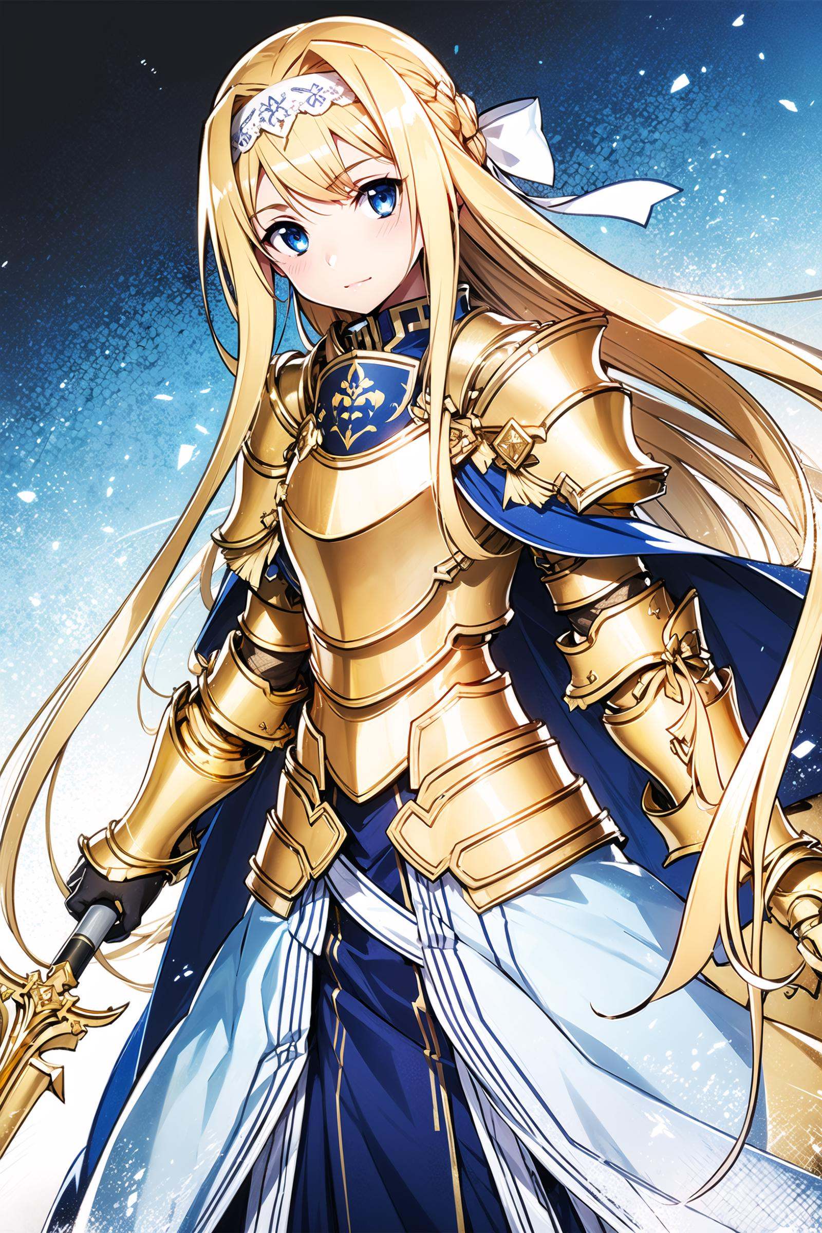 1girl, armor, long hair, alice zuberg, solo, blonde hair, blue eyes, weapon, blue cape, knight, sword, hairband, shoulder armor, dutch angle, sheath, cape,(gold breastplate:1.5), looking at viewer, white hairband, very long hair, braid, sheathed, pauldrons,gold armored dress, fantasy, white bow,(gold body armor:1.5), standing, blue dress, bangs, bow, dress, faulds, gauntlets, floating hair, white ribbon, sidelocks, ribbon, closed mouth, hair bow,<lora:abec_v2:0.8>