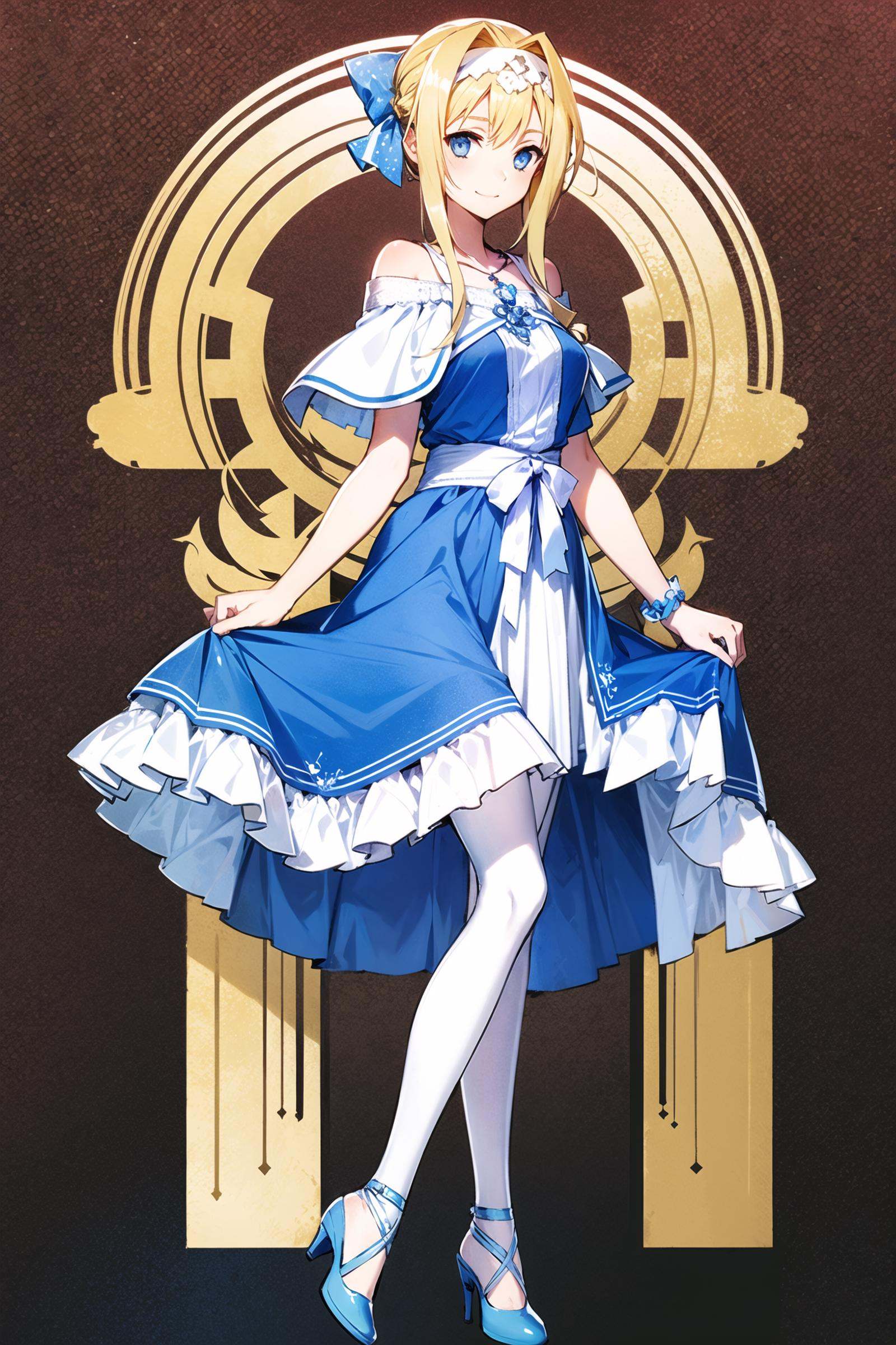 1girl, alice zuberg, solo, blonde hair, blue eyes, dress, long hair, blue dress, full body, jewelry, pantyhose, hairband, standing, blue footwear, smile, bow, looking at viewer, bracelet, braid, white hairband, braided ponytail, hair bow, white pantyhose, skirt hold, bangs, collarbone, long dress, watson cross, signature, crossed legs, capelet, pumps, short sleeves, closed mouth, necklace, polka dot background, shiny hair, white capelet, hair ornament, high heels, hair intakes, dated, sidelocks, polka dot, blue bow, single braid, very long hair, breasts,<lora:abec_v2:0.8>