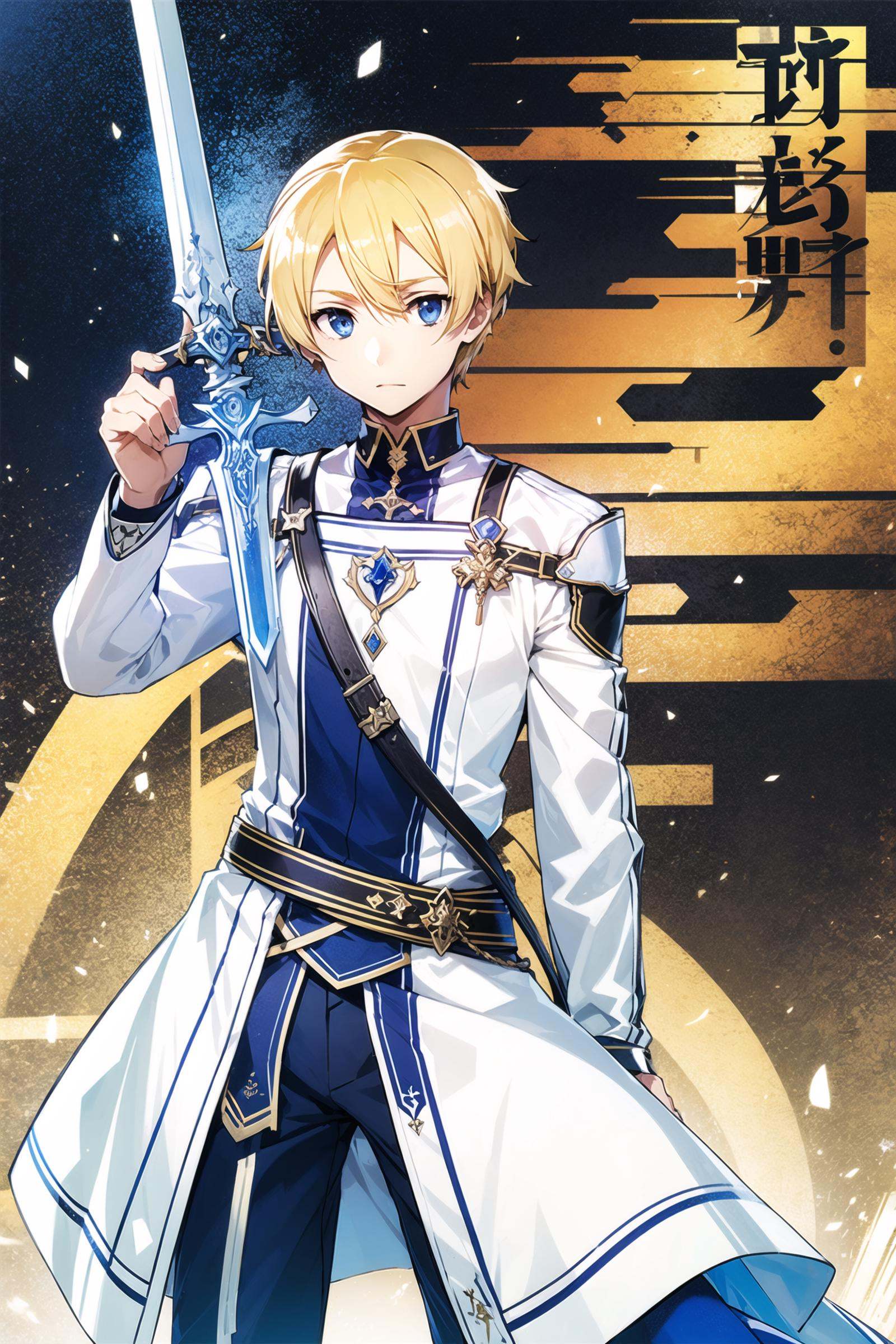 1boy, weapon, (blue sword:1.2), blonde hair, male focus, solo, blue eyes,blue clothes ,holding weapon,<lora:abec_v2:0.8>