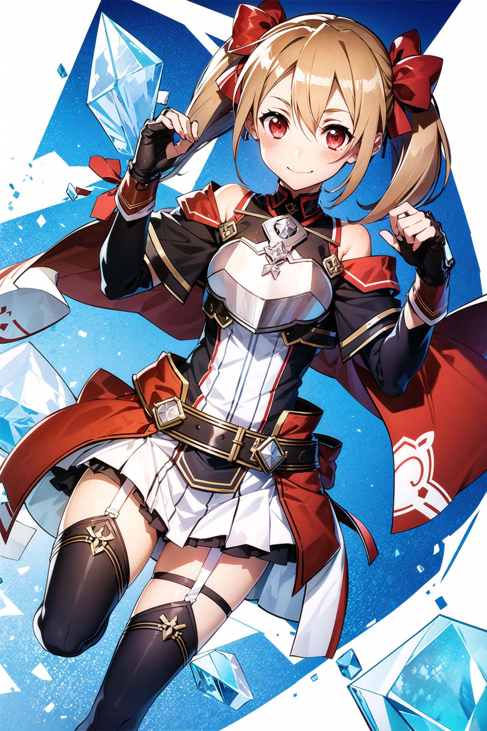 silica, 1girl, brown hair, medium hair,twintails, armor, red eyes, gloves, breastplate, short twintails, fingerless gloves, shoulder,  off shoulder, smile, ribbon, ice , hair ribbon, red ribbon, solo,<lora:abec_v2:0.8>