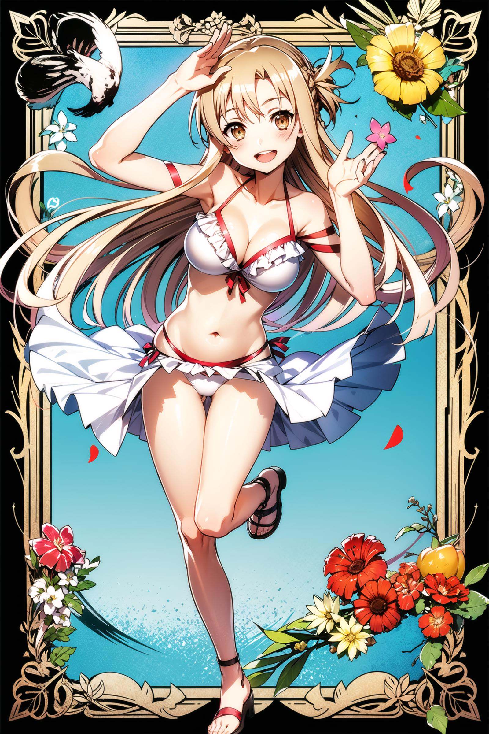 asuna (sao), 1girl, swimsuit, bikini, breasts, long hair, solo, navel, cleavage, smile, white background, brown hair, open mouth, full body, brown eyes, sarong, ;d, white bikini, looking at viewer, frilled bikini, hair ornament, very long hair, frills, simple background, collarbone, flower, sandals, medium breasts, bow, hair flower, ribbon, ankle ribbon, blush, bare shoulders, standing, halterneck, braid, shiny, long legs, shiny skin, leg ribbon, large breasts, jewelry, red ribbon,<lora:abec_v2:0.8>