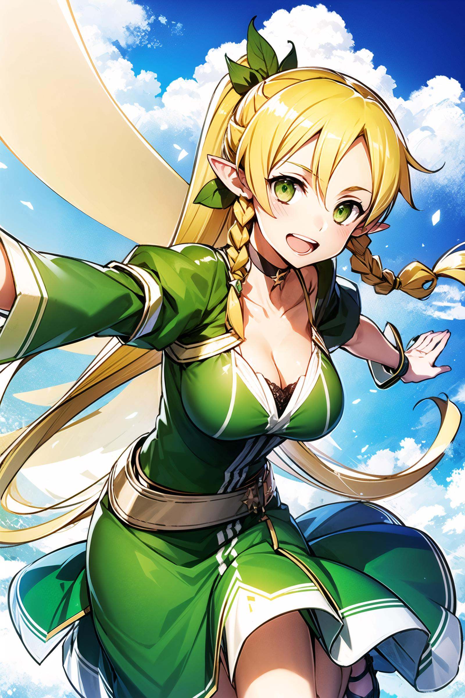 leafa,long hair, 1girl, solo, breasts, blonde hair, cleavage, green eyes, wings, pointy ears, open mouth, fairy wings, teeth, outstretched arms, smile, upper teeth only, very long hair, :d, hair ornament, sky, braid, twin braids, cloud, fairy, bangs, spread wings, cloudy sky, collarbone, flying, ponytail, long sleeves, fantasy, hair between eyes, green dress, choker, outdoors, blue sky, looking at viewer, white sleeves, large breasts, green wings, floating hair, bracelet, day,<lora:abec_v2:0.8>