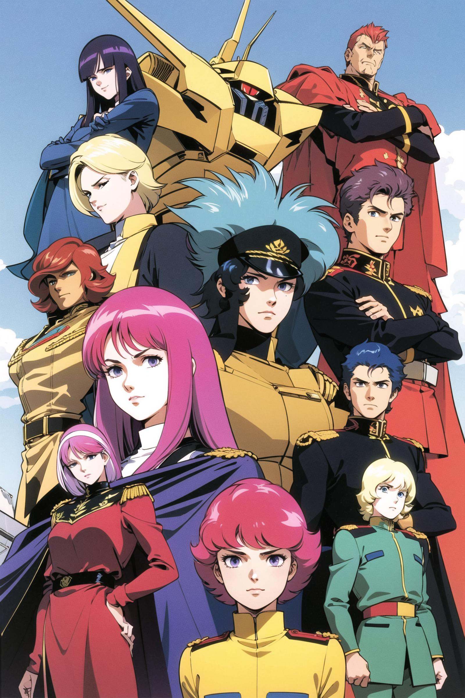 multiple boys, multiple girls, blonde hair, 6+boys, uniform, robot, blue hair, mecha, purple hair, short hair, military, military uniform, pink hair, blue eyes, 3girls, long hair, brown hair, green hair, purple eyes, cape, <lora:Hiroyuki Kitazume:0.8>