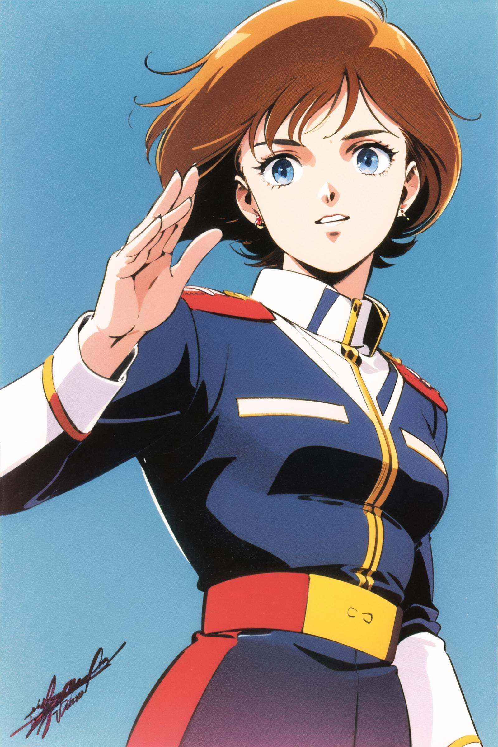 1girl, solo, brown hair, uniform, blue eyes, traditional media, military, military uniform, salute, signature, dated, short hair, retro artstyle, 1980s (style), <lora:Hiroyuki Kitazume:0.8>