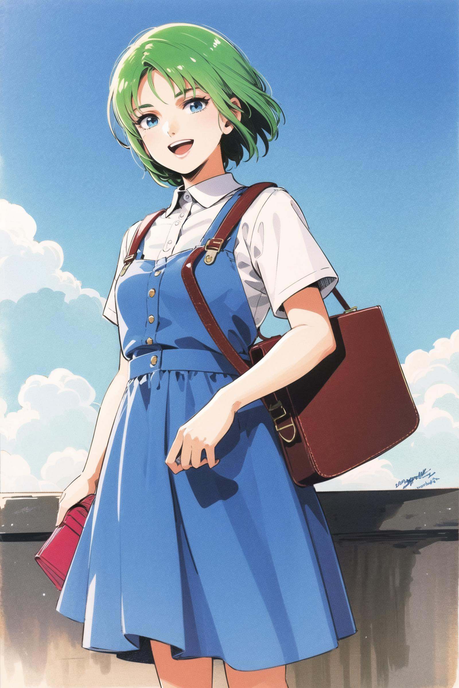 1girl, solo, short hair, green hair, dated, signature, open mouth, outdoors, day, traditional media, smile, looking at viewer, short sleeves, holding, blue eyes, dress, bag, sky, standing, handbag, suspenders, cloud, <lora:Hiroyuki Kitazume:0.8>