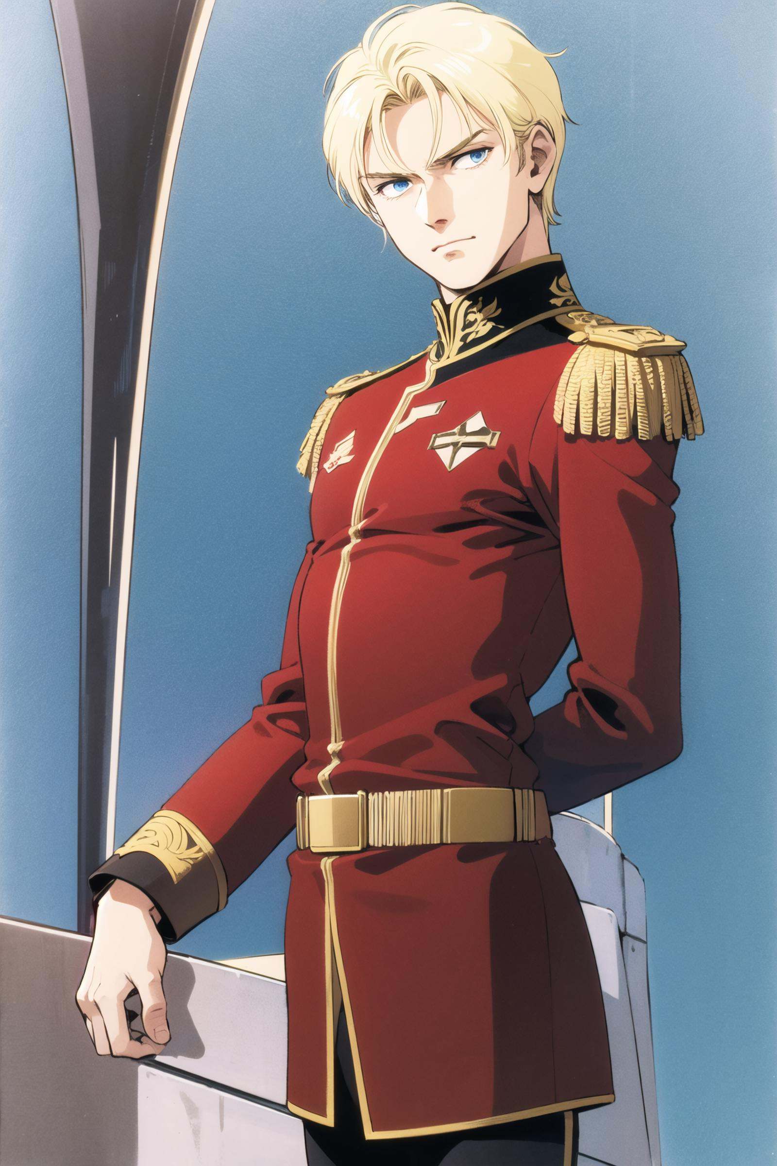 1boy, solo, male focus, blonde hair, uniform, military, military uniform, blue eyes, belt, holding, epaulettes, <lora:Hiroyuki Kitazume:0.8>
