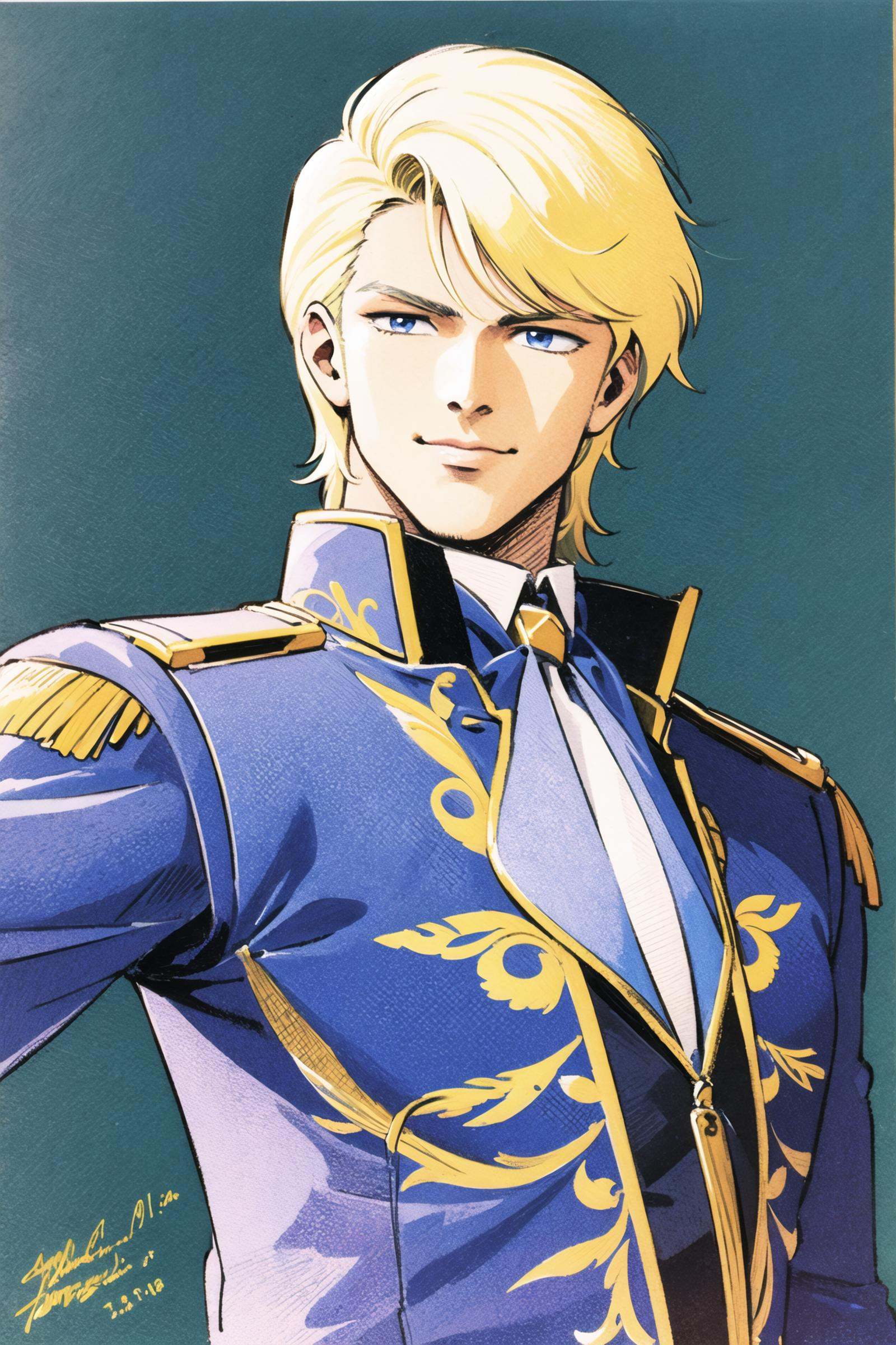 1boy, male focus, solo, blue eyes, blonde hair, traditional media, signature, ascot, smile, dated, jacket, looking at viewer, uniform, upper body, <lora:Hiroyuki Kitazume:0.8>