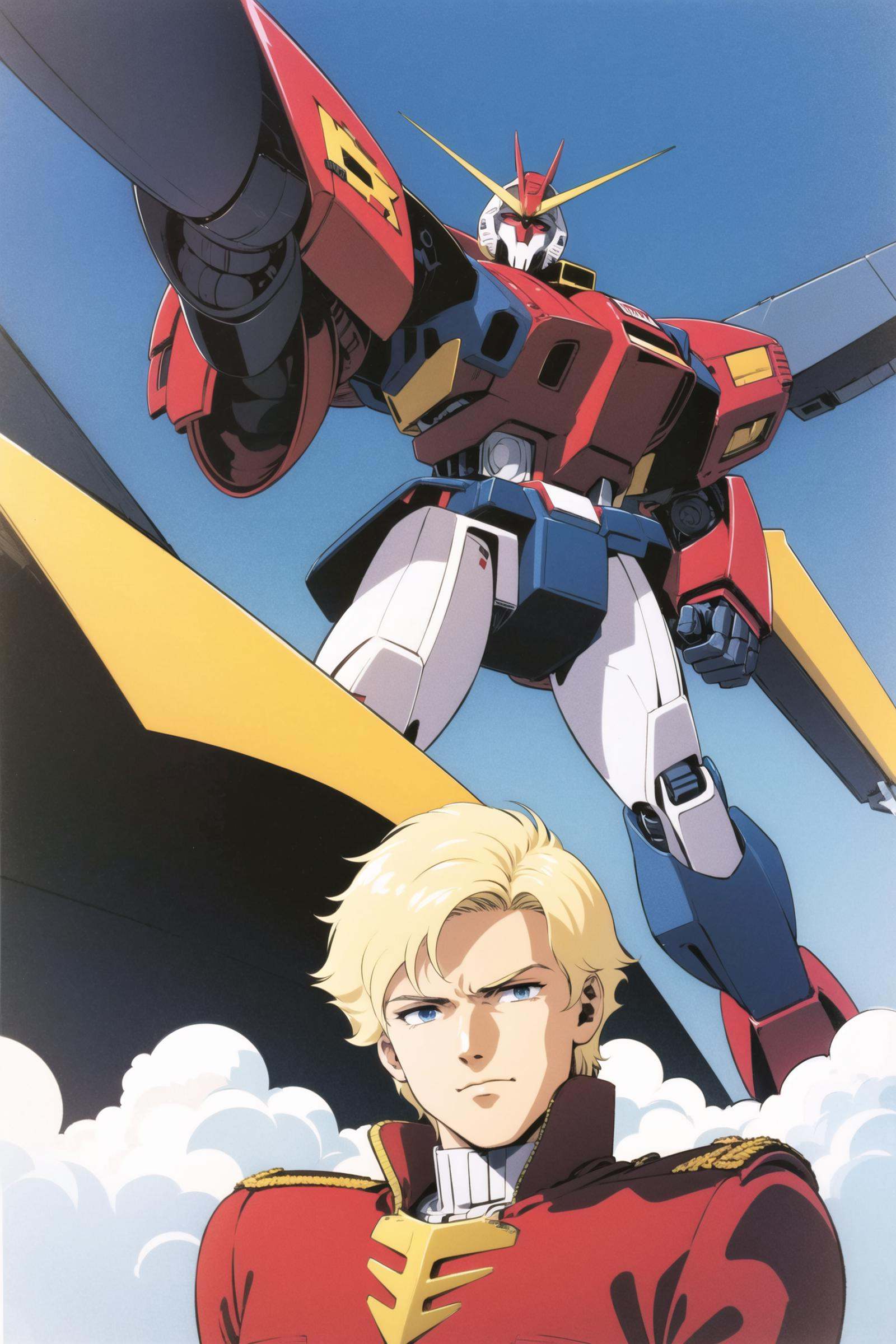 1boy, mecha, blonde hair, male focus, robot, blue eyes, gloves, mask, sky, cloud, day, uniform, red gloves, military, <lora:Hiroyuki Kitazume:0.8>