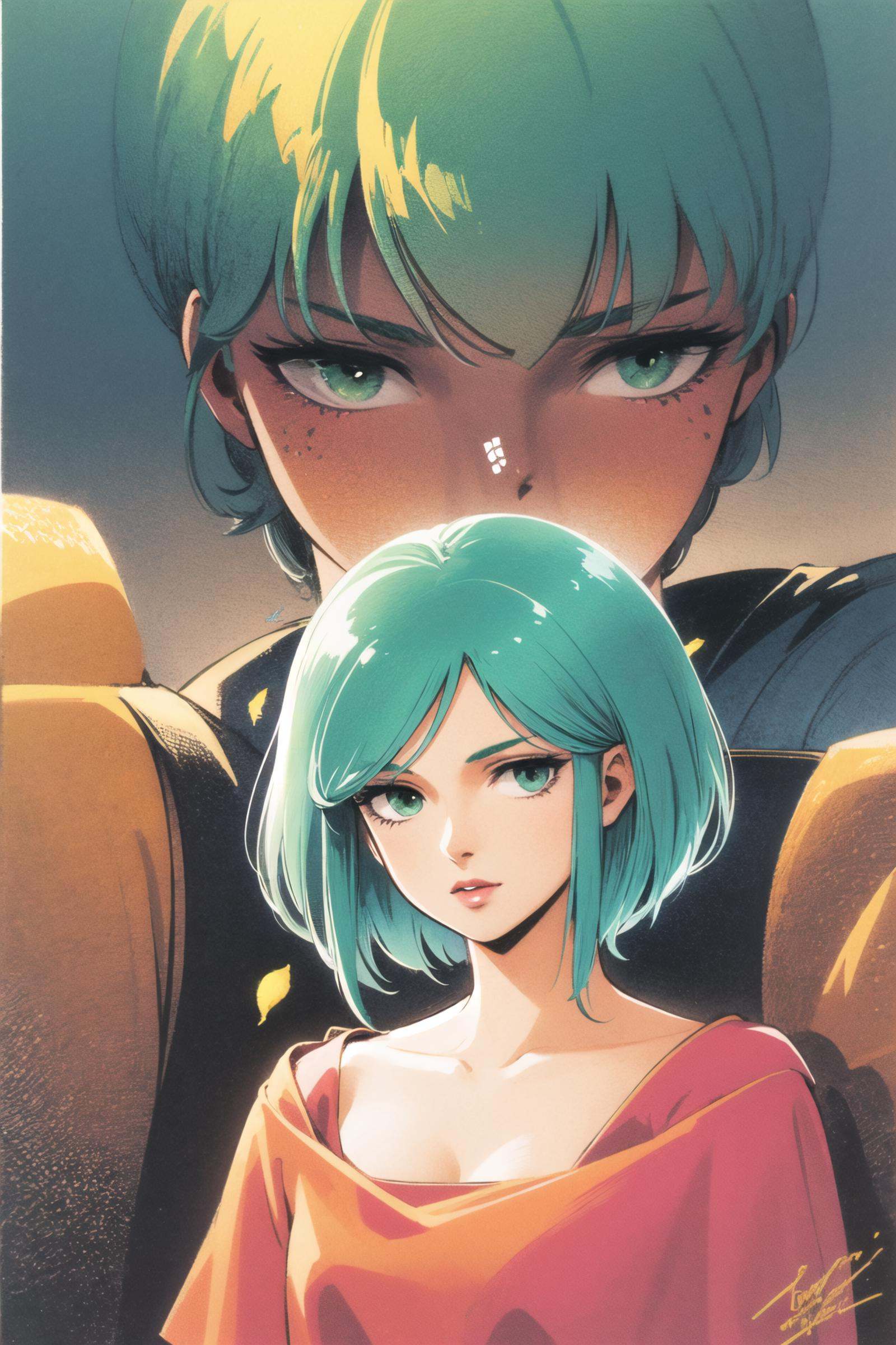 1girl, short hair, traditional media, signature, looking at viewer, dated, green hair, aqua hair, collarbone, upper body, artist name, green eyes, <lora:Hiroyuki Kitazume:0.8>
