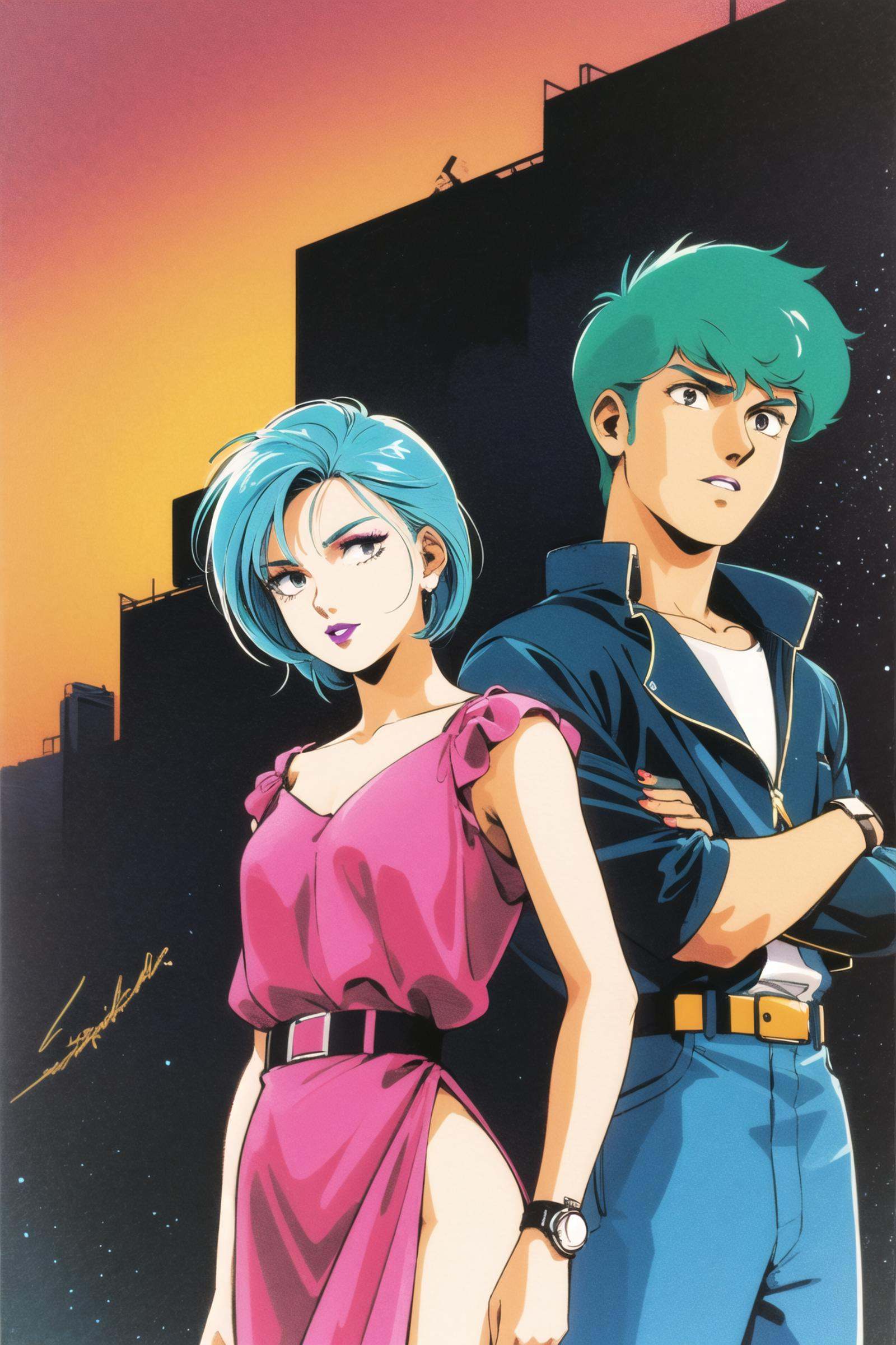 1boy, 1girl, 1980s (style), retro artstyle, watch, green hair, wristwatch, traditional media, short hair, blue hair, night, signature, sky, belt, purple lips, makeup, <lora:Hiroyuki Kitazume:0.8>