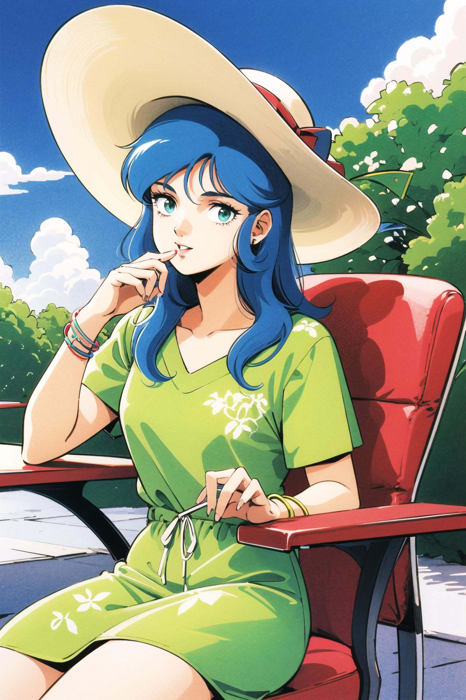 1girl, solo, hat, blue hair, retro artstyle, sunglasses, traditional media, sitting, dress, eyewear removed, cloud, 1980s (style), holding eyewear, day, chair, sun hat, floral print, sky, green eyes, bracelet, holding, looking at viewer, blue eyes, <lora:Hiroyuki Kitazume:0.8>