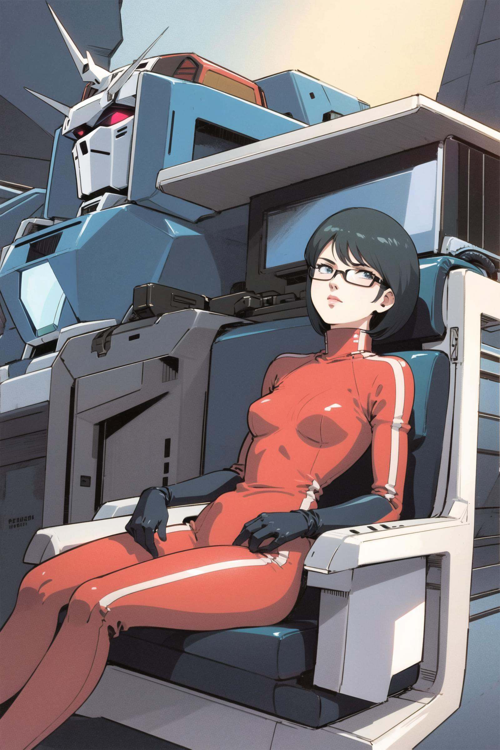 1girl, glasses, cable, bodysuit, black hair, solo, sitting, short hair, science fiction, robot, breasts, mecha, plugsuit, <lora:Hiroyuki Kitazume:0.8>