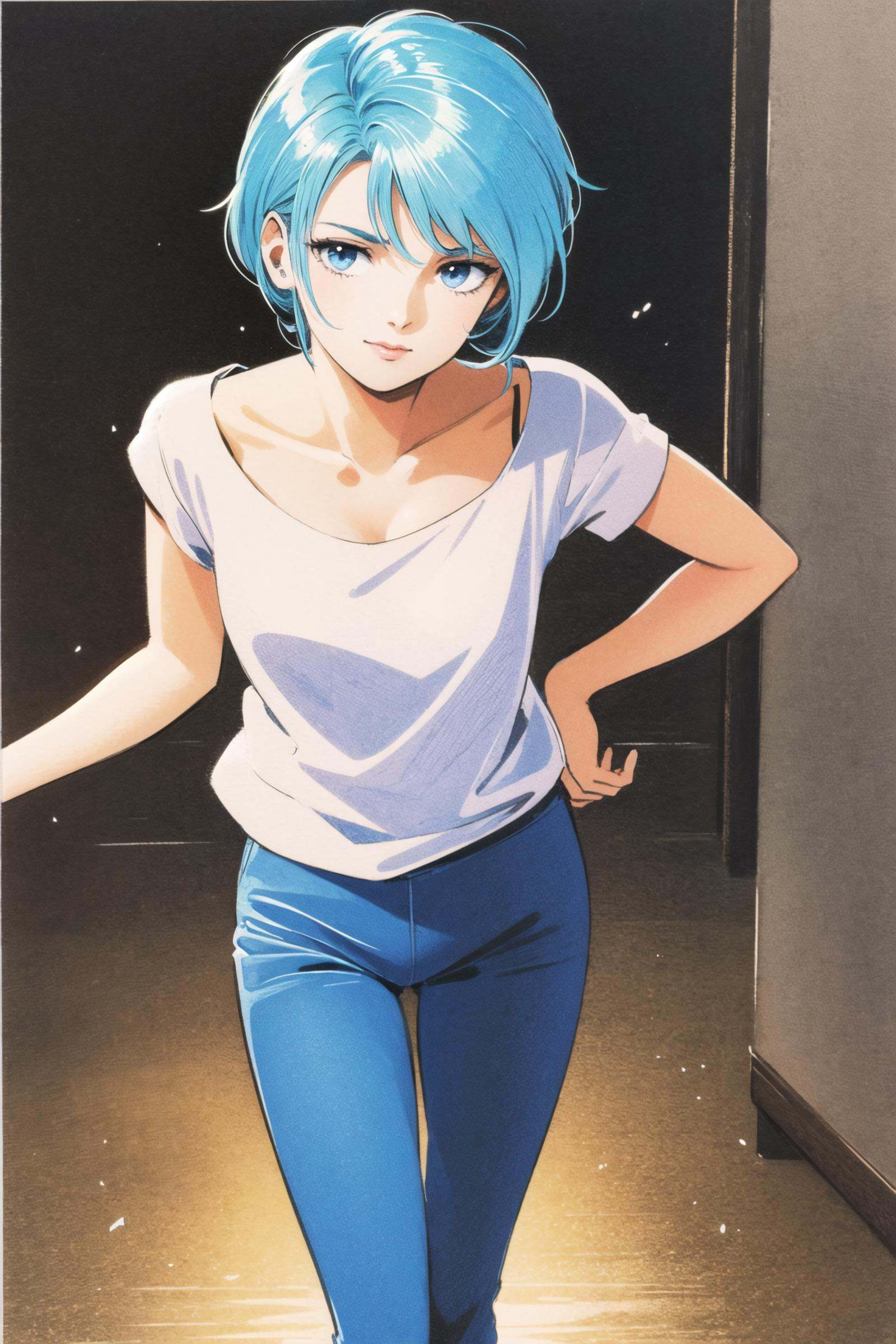 1girl, solo, short hair,   blue eyes, looking at viewer, traditional media, aqua hair, collarbone, pants, <lora:Hiroyuki Kitazume:0.8>