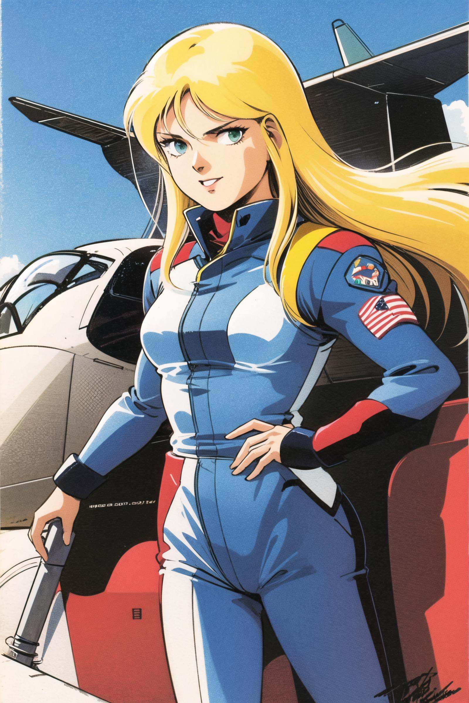 1girl, blonde hair, aircraft, traditional media, airplane, solo, signature, military, jet, pilot suit, fighter jet, dated, green eyes, retro artstyle, long hair, science fiction, blue eyes, uniform, looking at viewer, mecha, pilot, 1980s (style), <lora:Hiroyuki Kitazume:0.8>