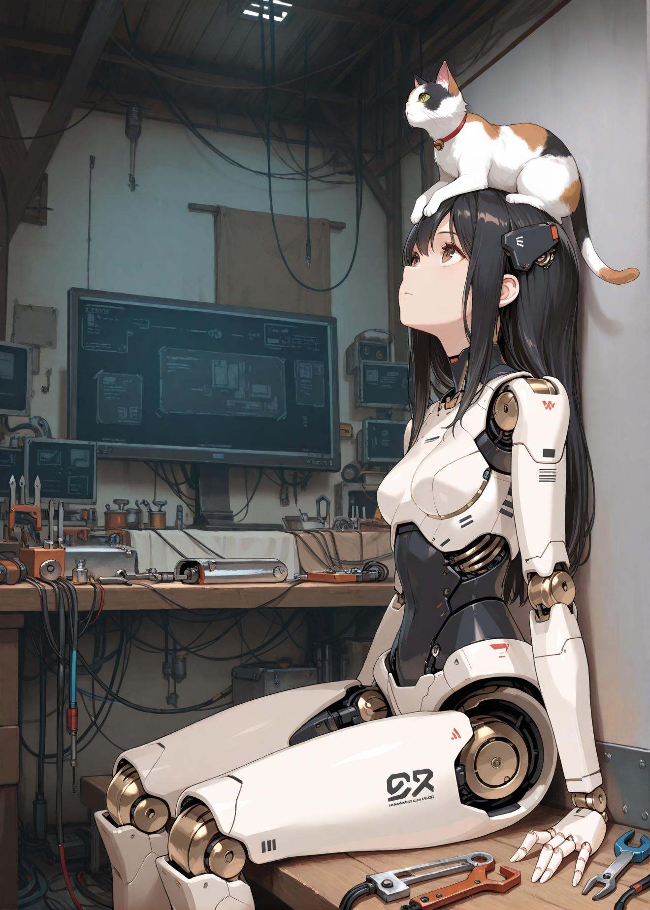 1girl,  black hair,  cat on head on Tensor.Art