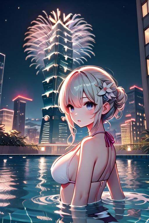 ((rooftop pool)),  ((aerial fireworks)),  taipei_101 on Tensor.Art