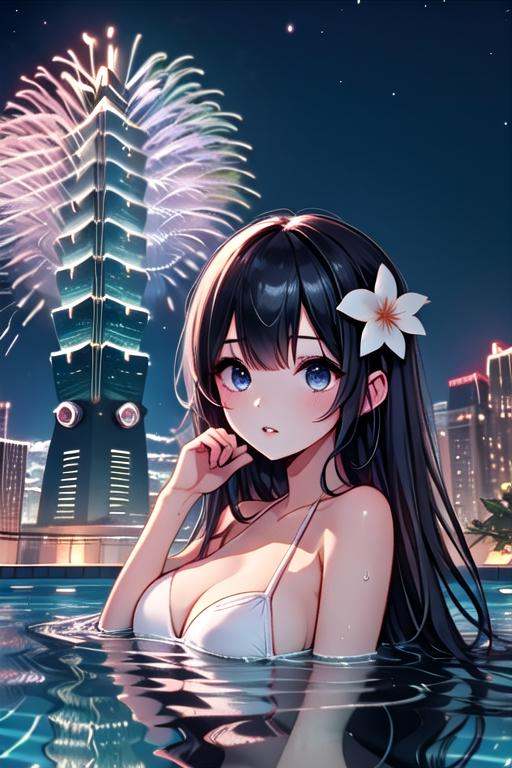 ((rooftop pool)),  ((aerial fireworks)),  taipei_101 on Tensor.Art